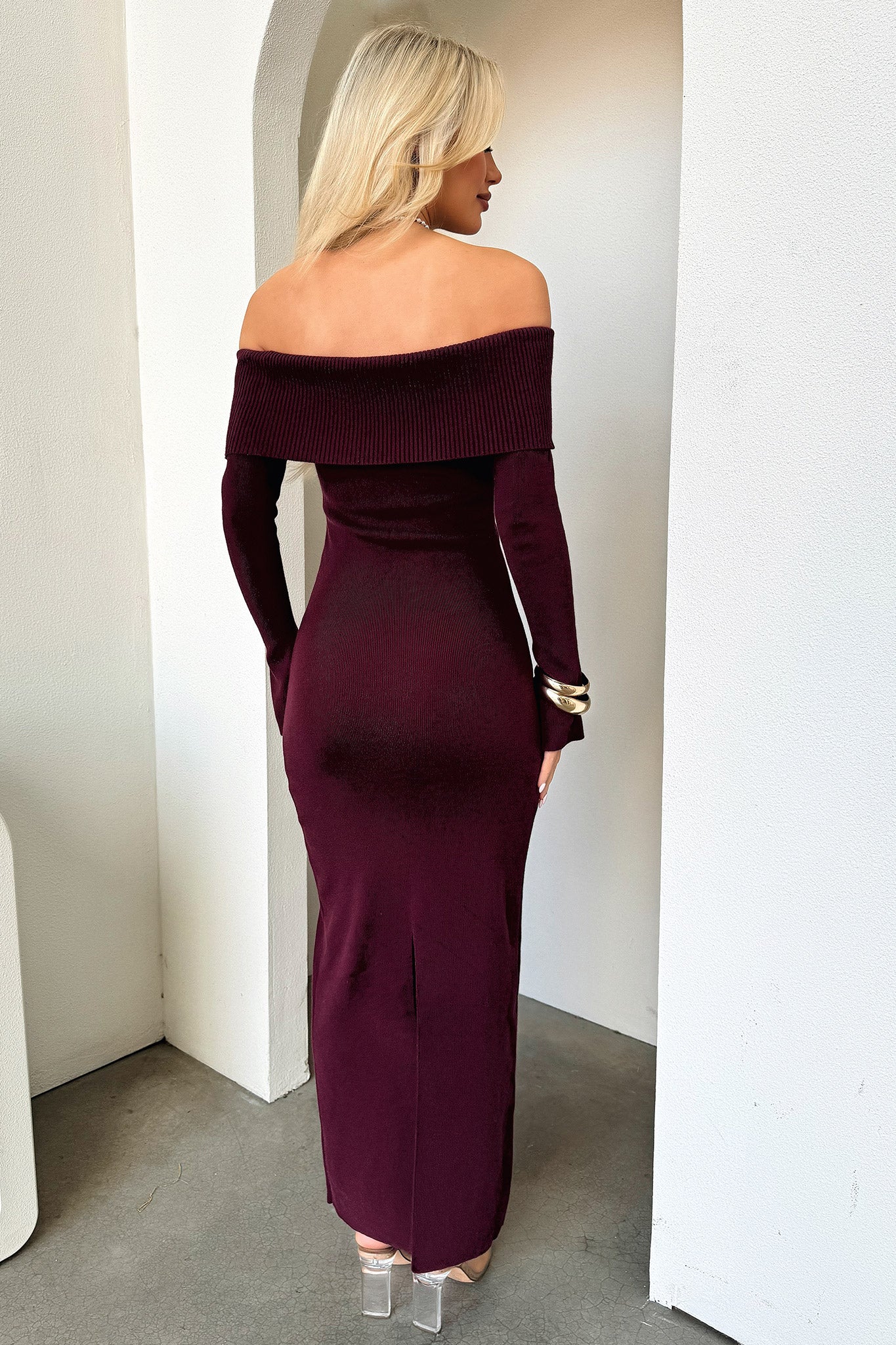 Aaliyah Off Shoulder Knit Maxi Dress - Burgundy - Image 7