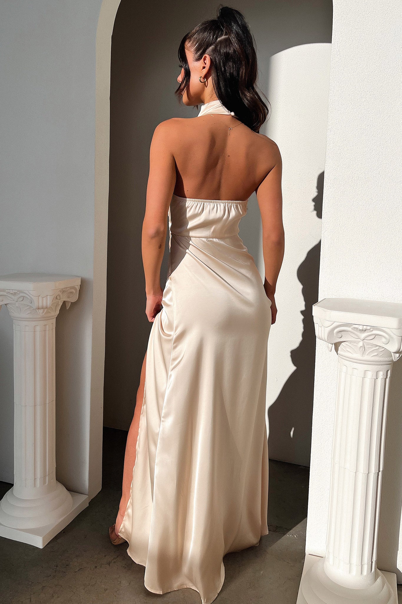 Arabelle High Neck Satin Maxi Dress - Champagne - Image 7