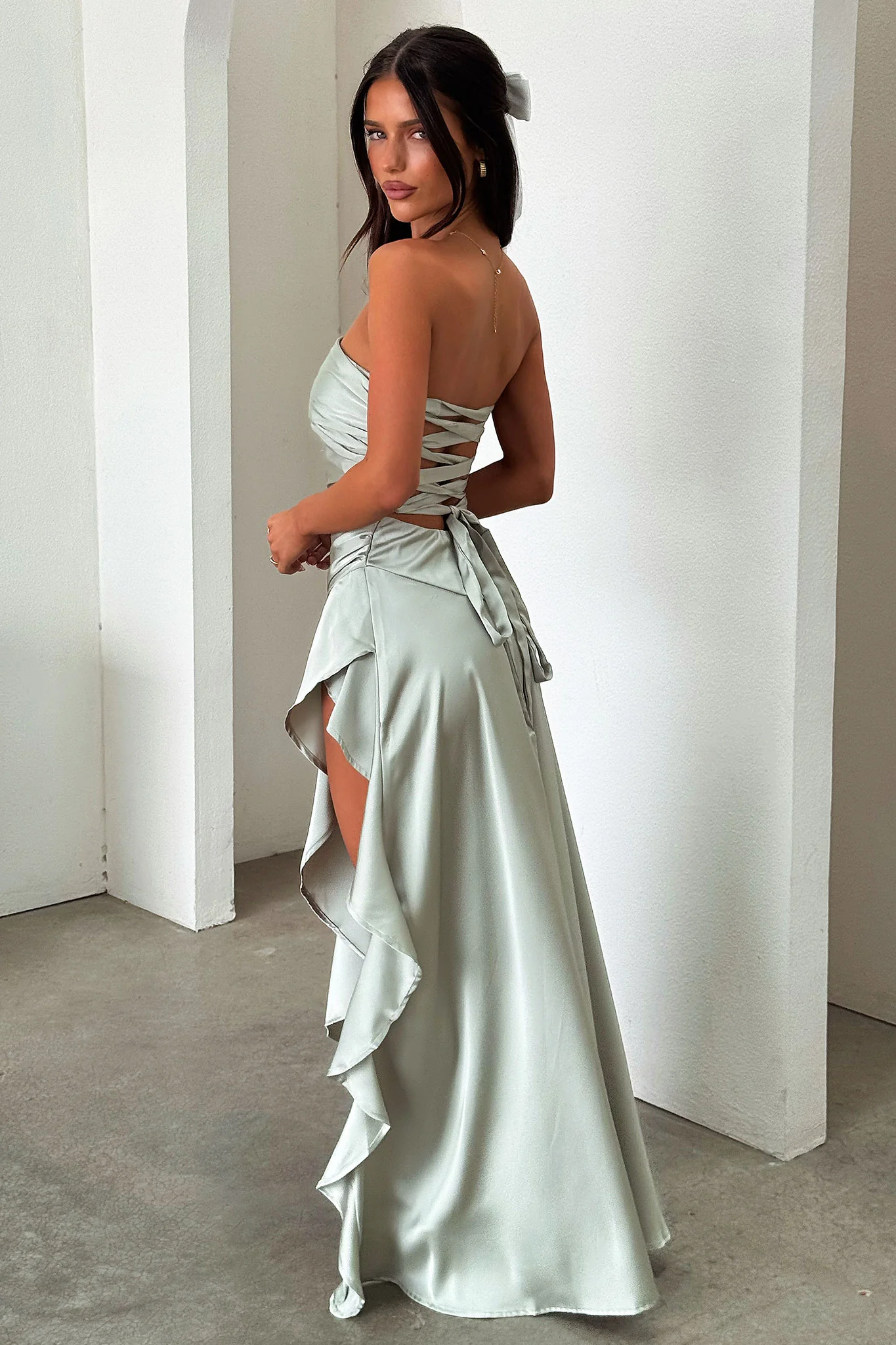 Carly Strapless Satin Maxi Dress - Sage - Image 2