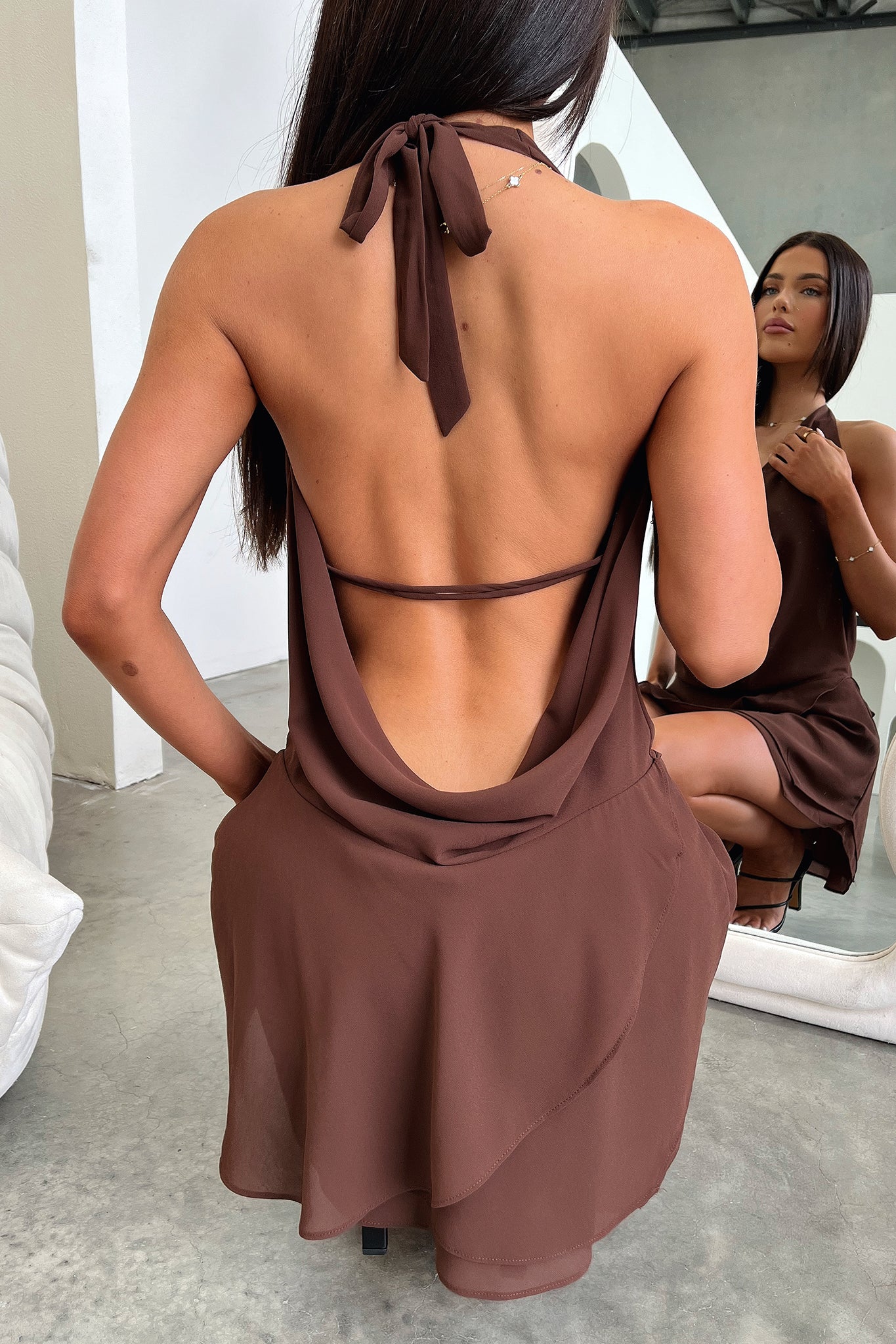 Cleo Plunge Cowl Neck Mini Dress - Brown - Image 2
