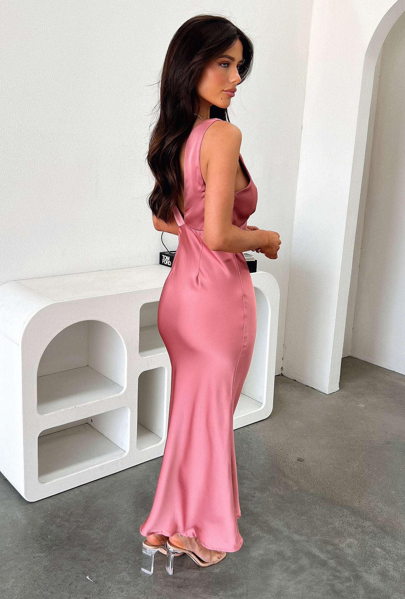 Delayne V-Neck Satin Midi Dress - Rose - Image 5