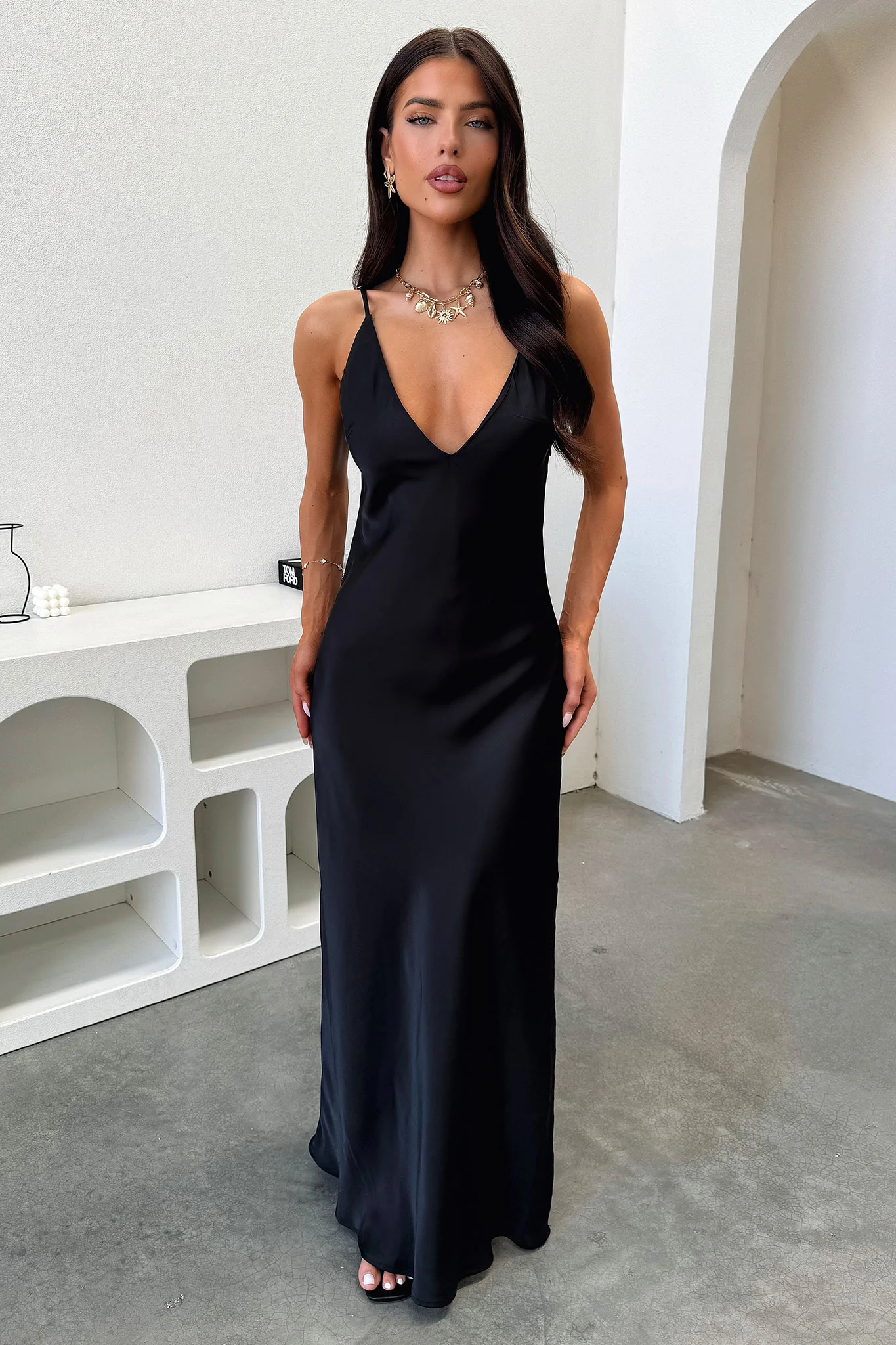 Delilah V-Neck Satin Maxi Dress - Black - Image 3