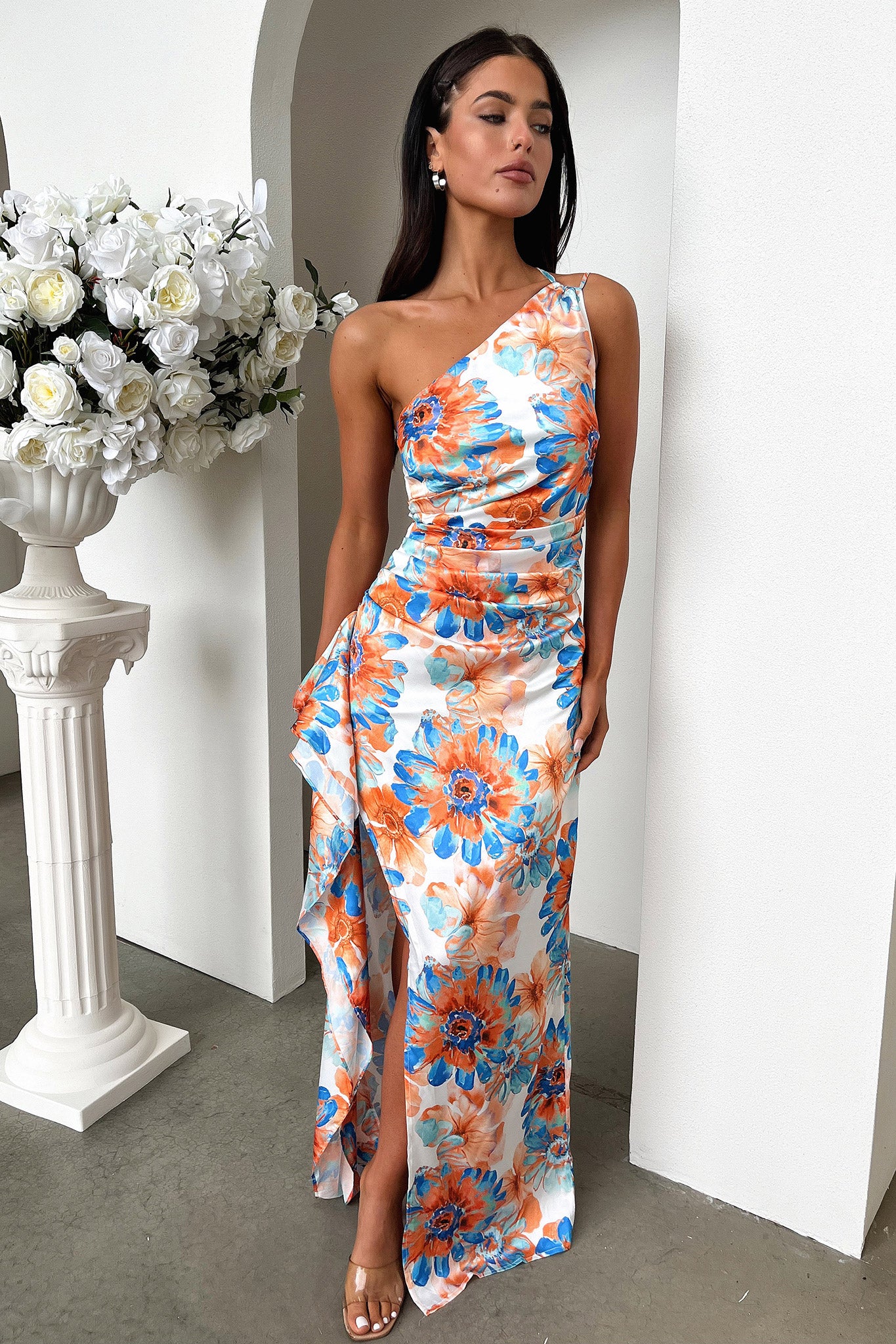 Elianna One Shoulder Satin Maxi Dress - Blue Floral - Image 3