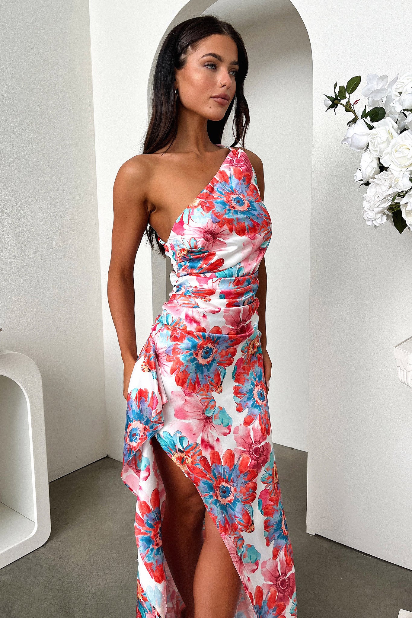 Elianna One Shoulder Satin Maxi Dress - Pink Floral - Image 5