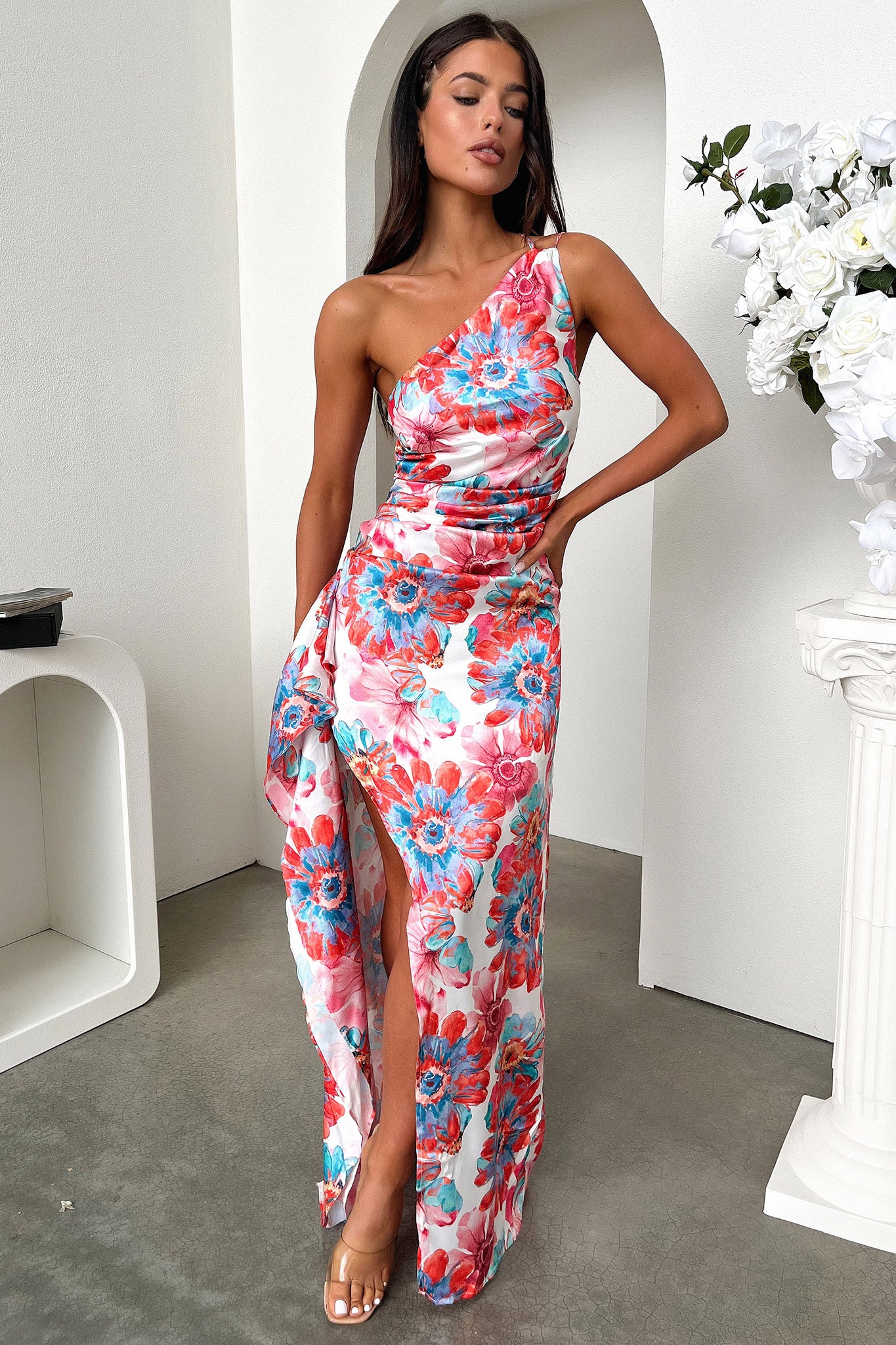 Elianna One Shoulder Satin Maxi Dress - Pink Floral - Image 6