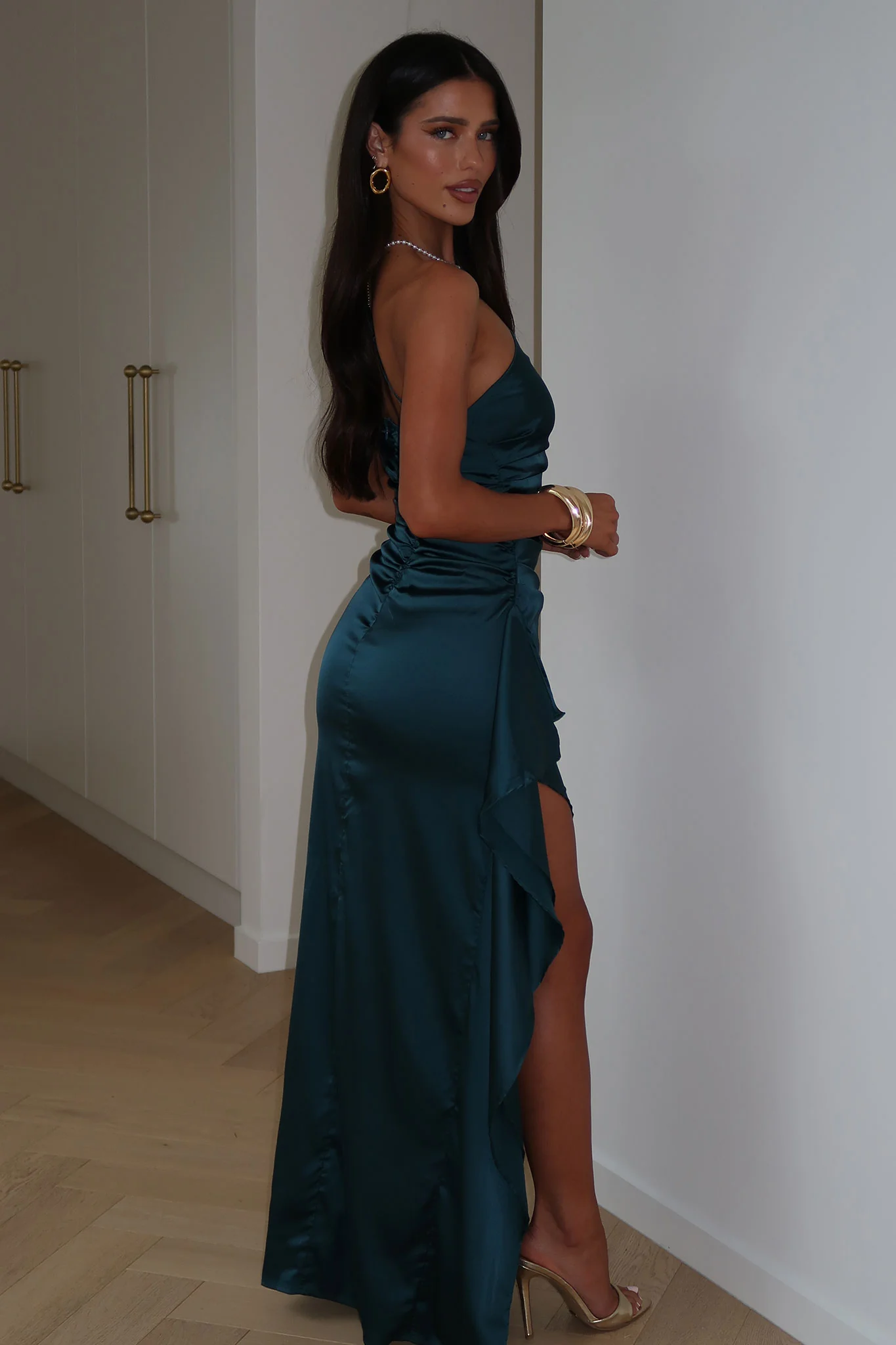 Elianna One Shoulder Satin Maxi Dress - Teal - Image 5