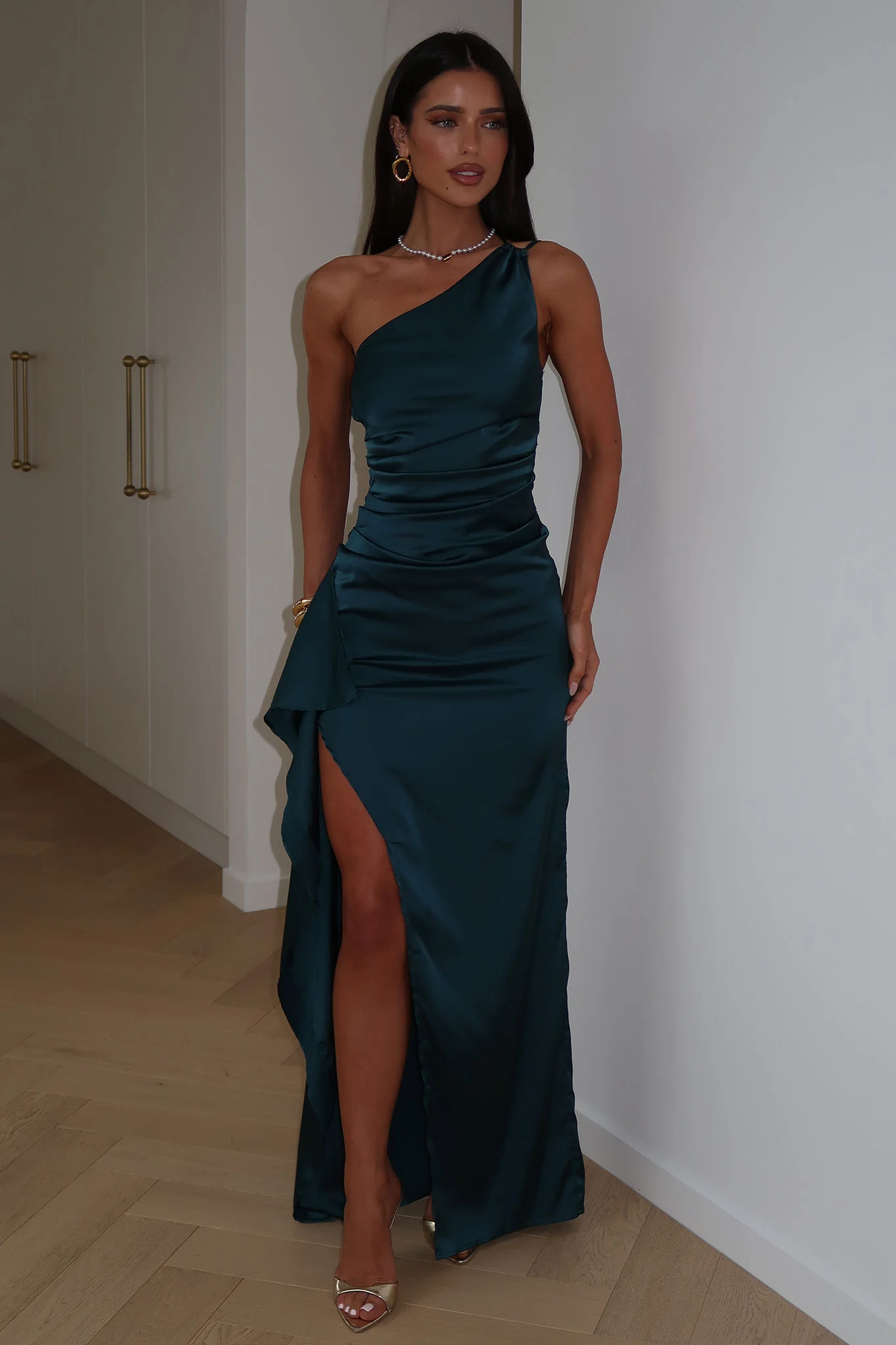 Elianna One Shoulder Satin Maxi Dress - Teal - Image 6
