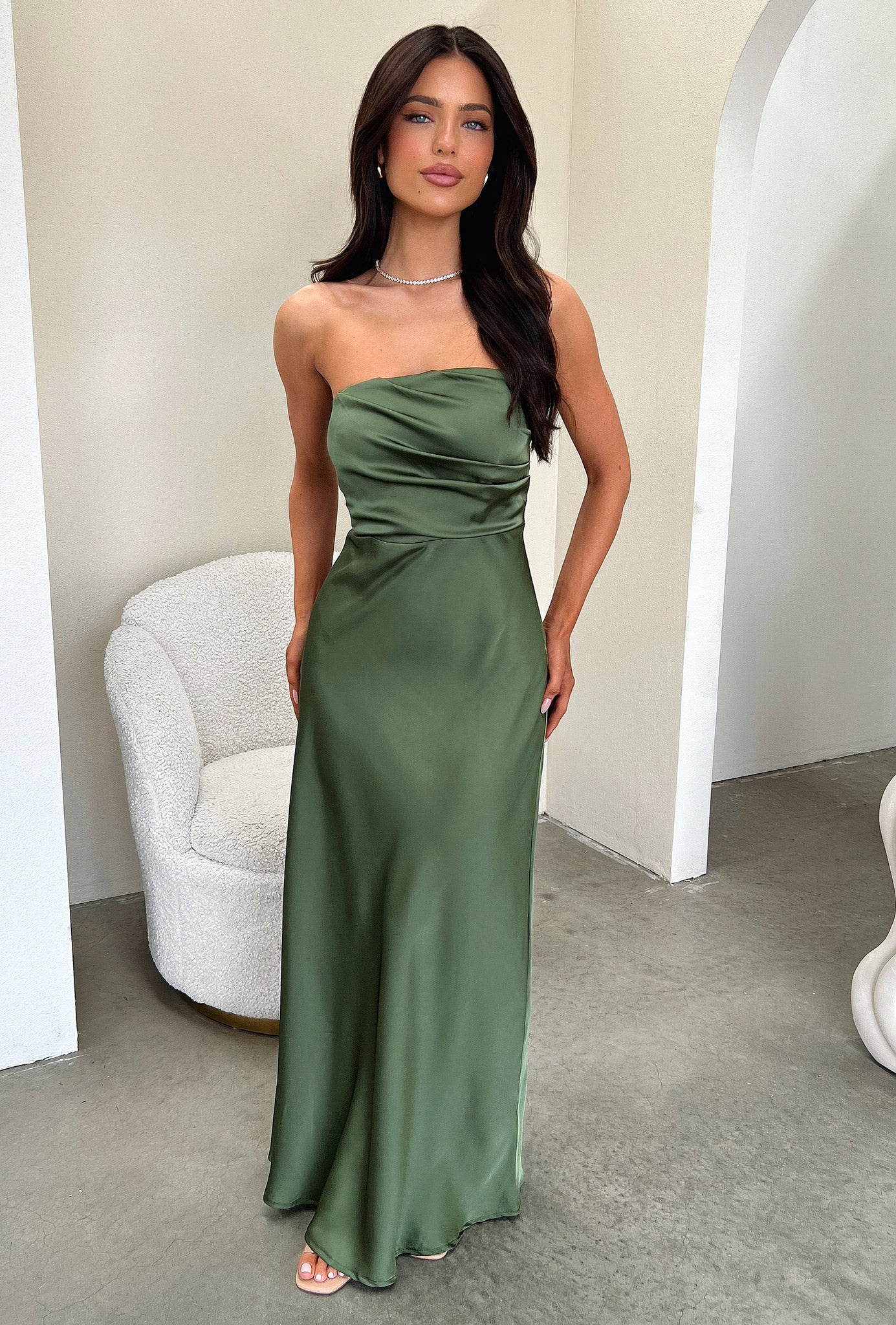 Elio Strapless Satin Maxi Dress - Olive - Image 6