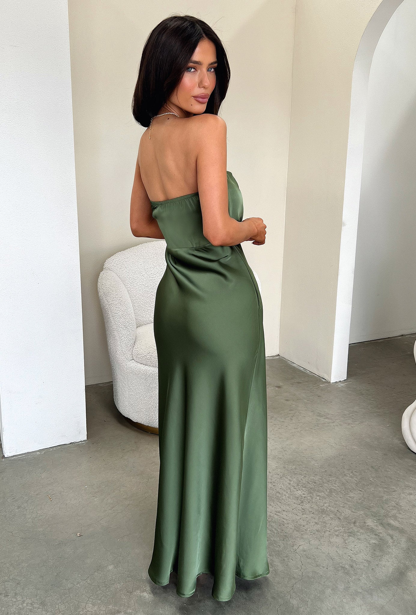 Elio Strapless Satin Maxi Dress - Olive - Image 7