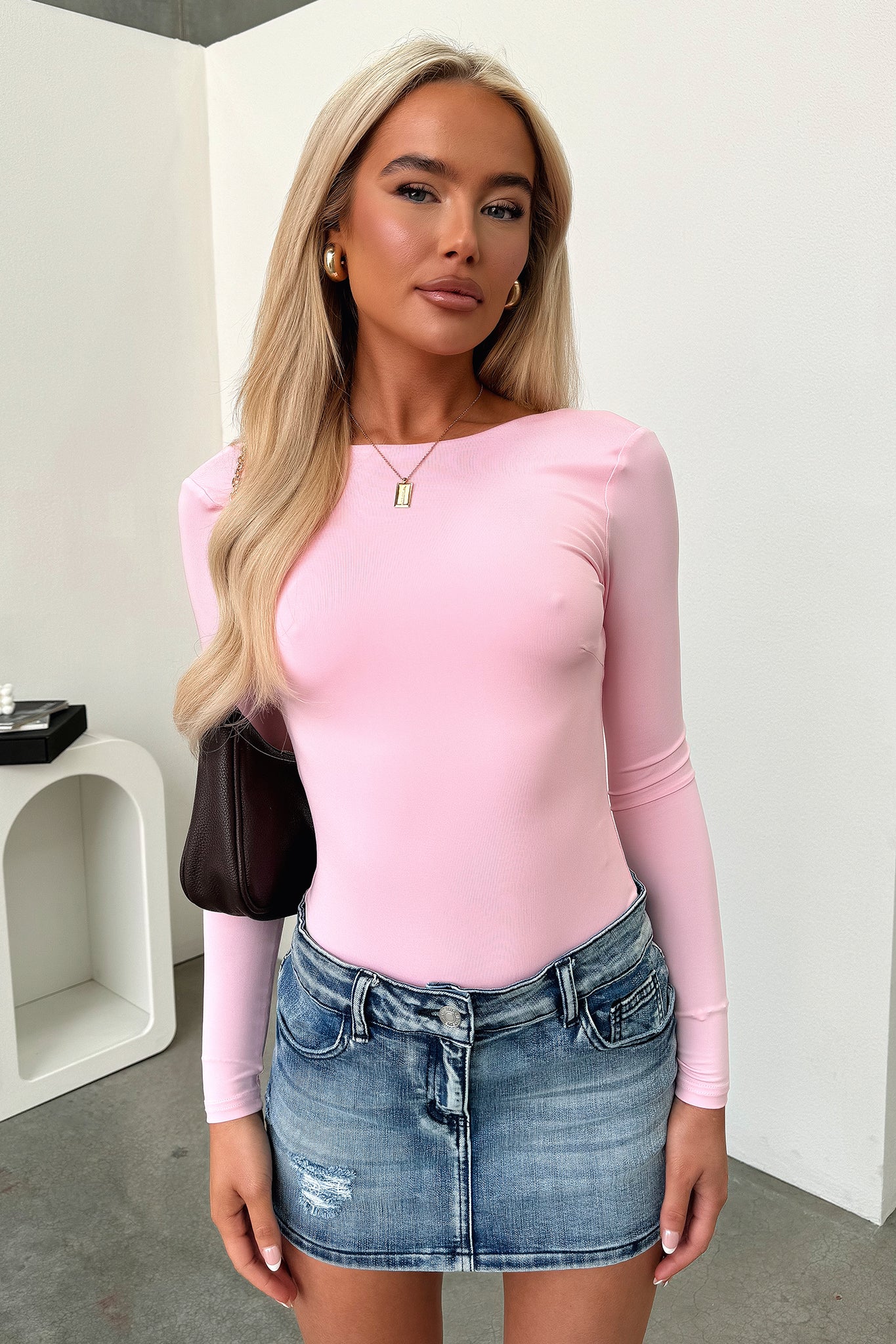 Eve Long Sleeve Backless Bodysuit - Pink - Image 3