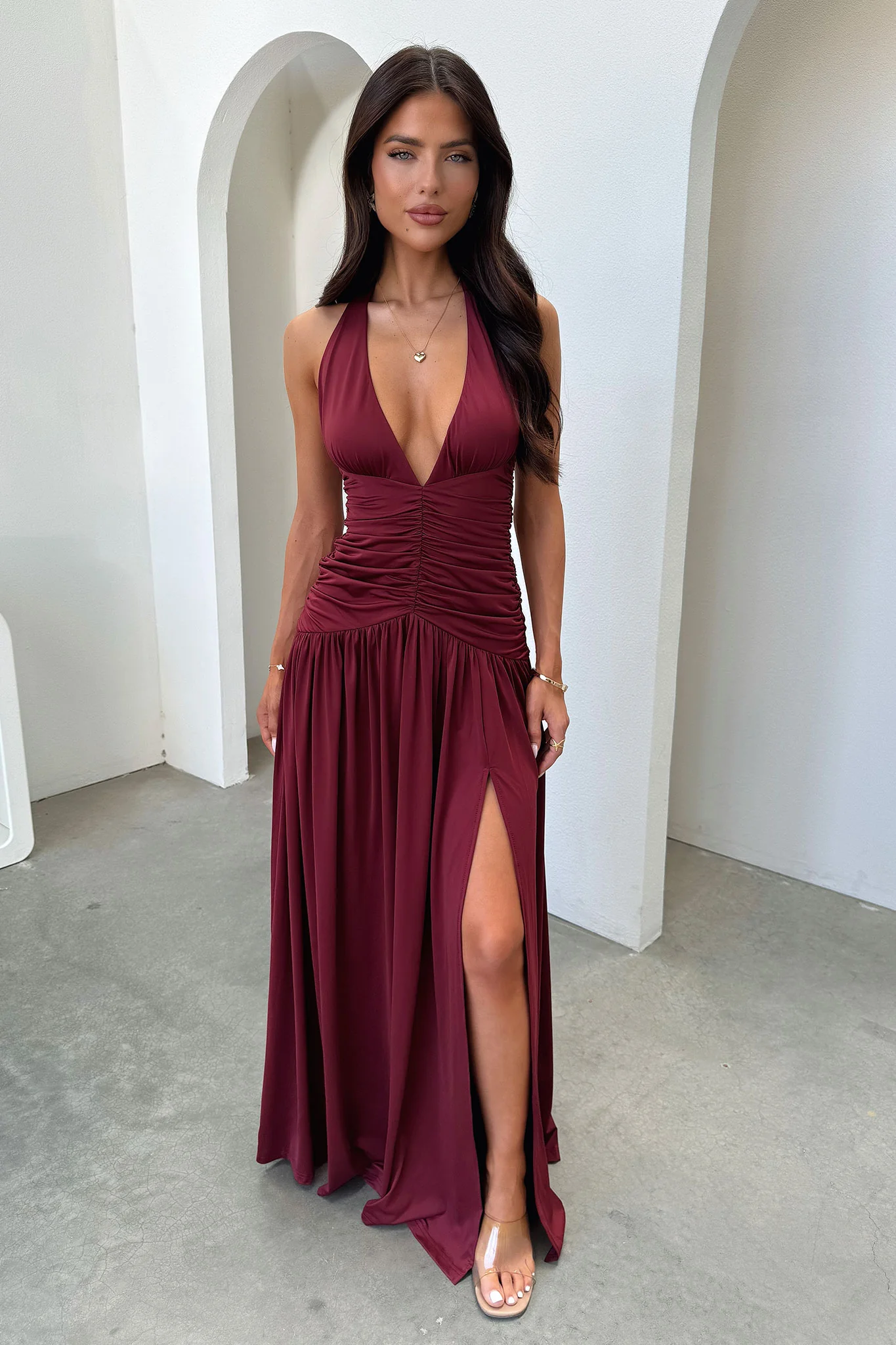 Ginevra Ruched Halter Maxi Dress - Burgundy - Image 2