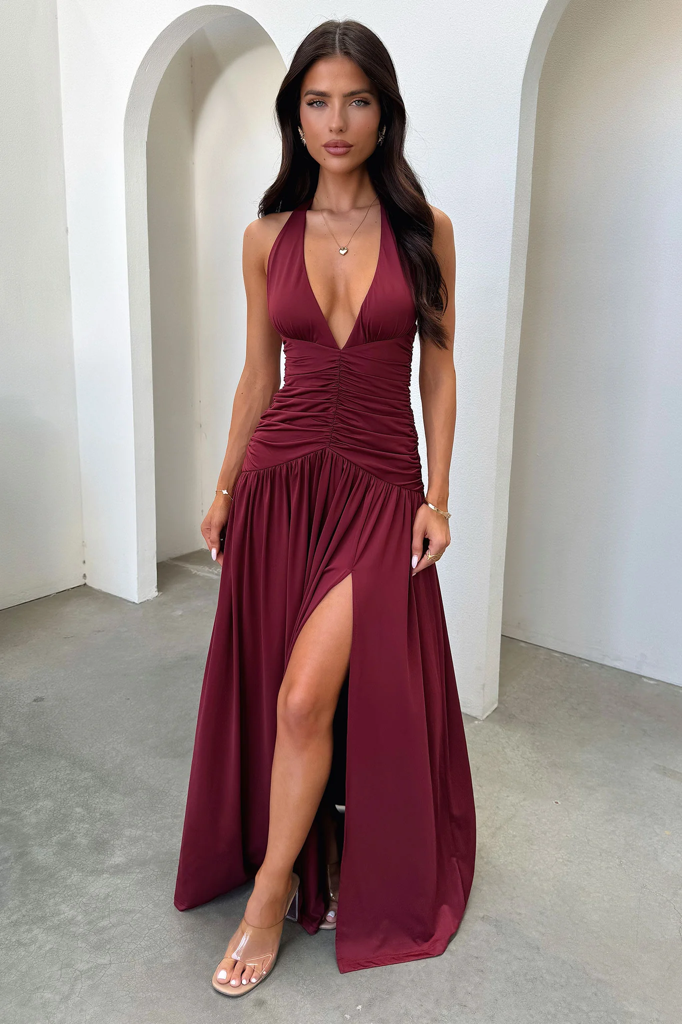 Ginevra Ruched Halter Maxi Dress - Burgundy - Image 4