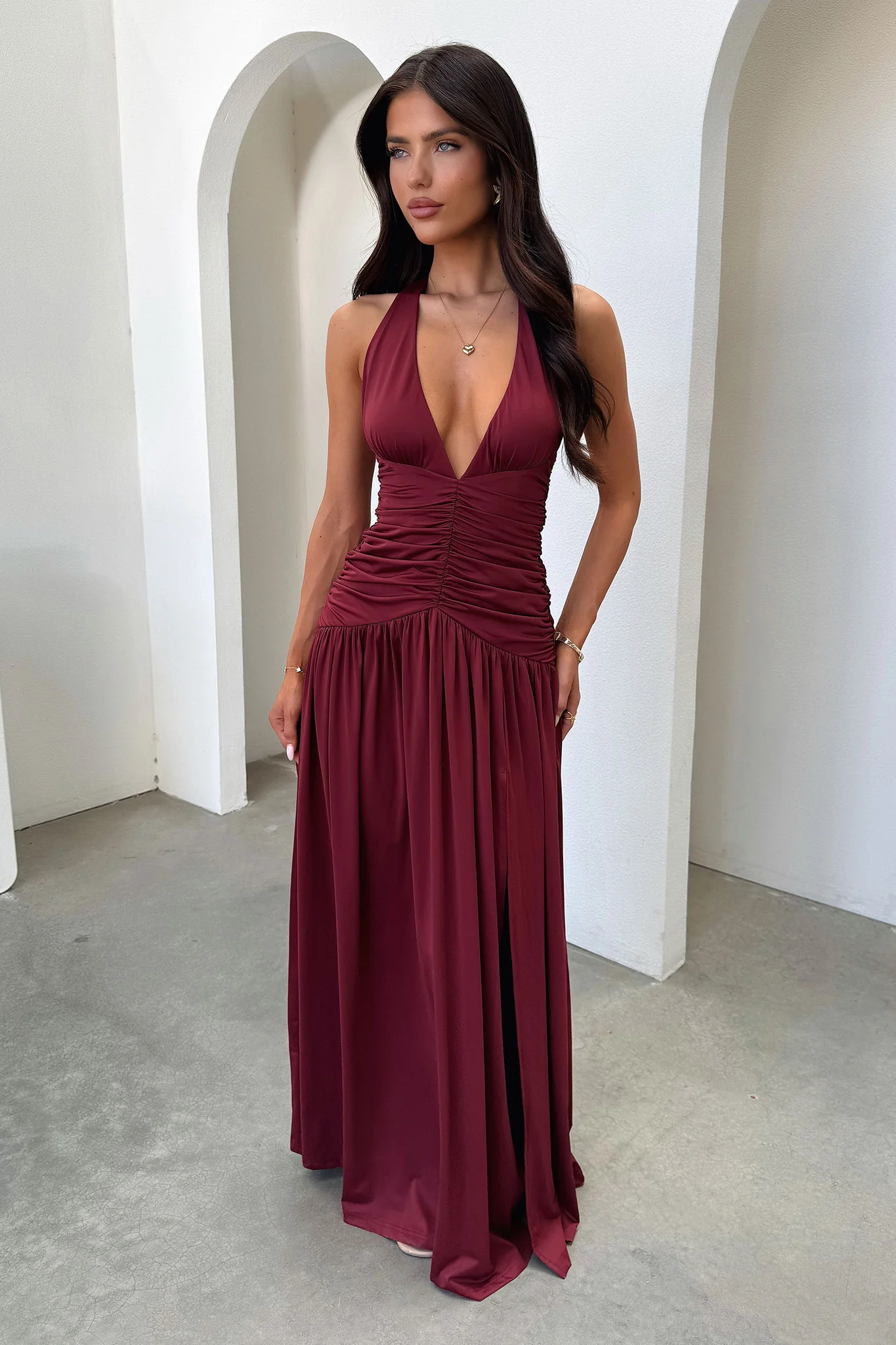 Ginevra Ruched Halter Maxi Dress - Burgundy - Image 5