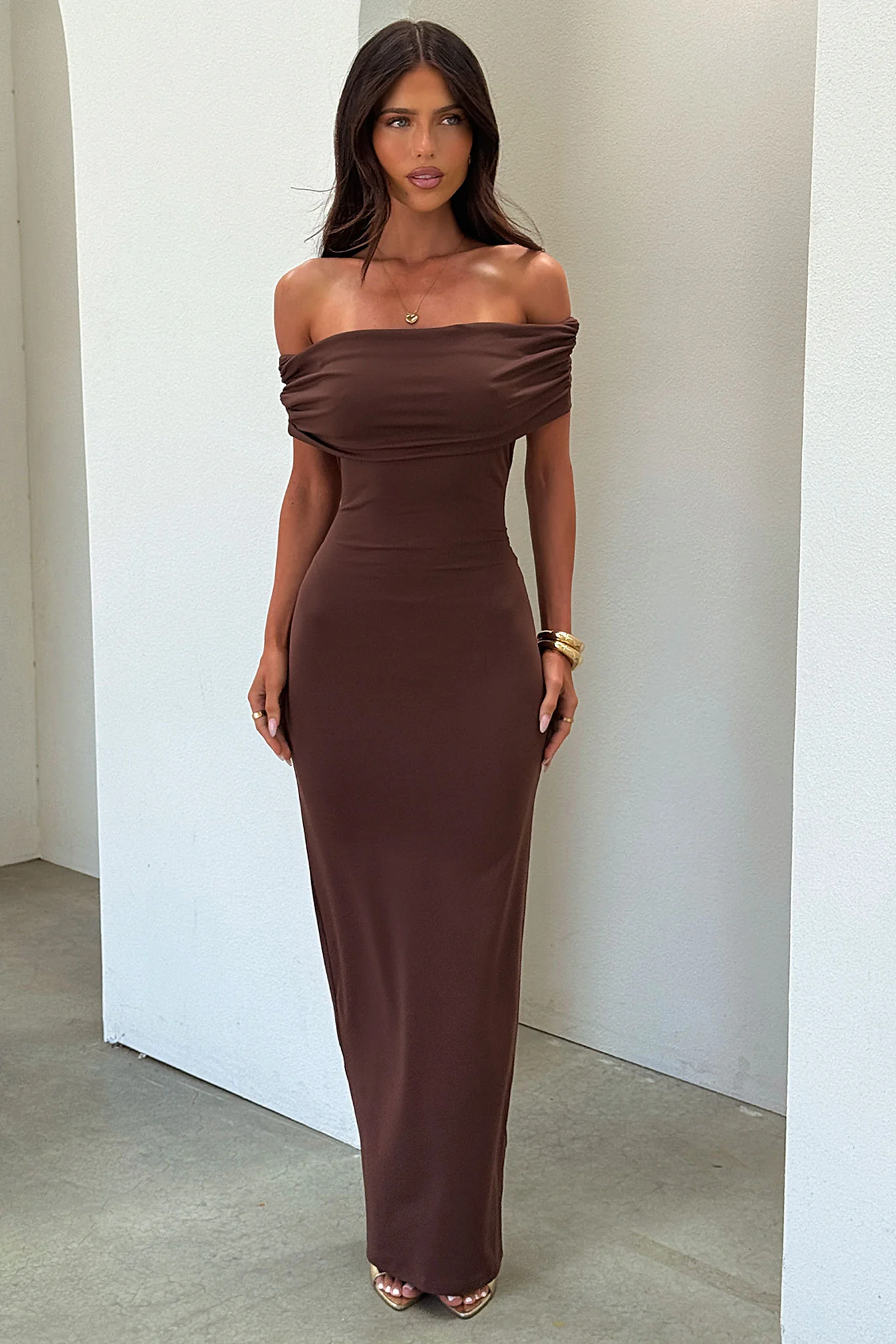 Jackie Off-Shoulder Maxi Dress - Brown - Image 4