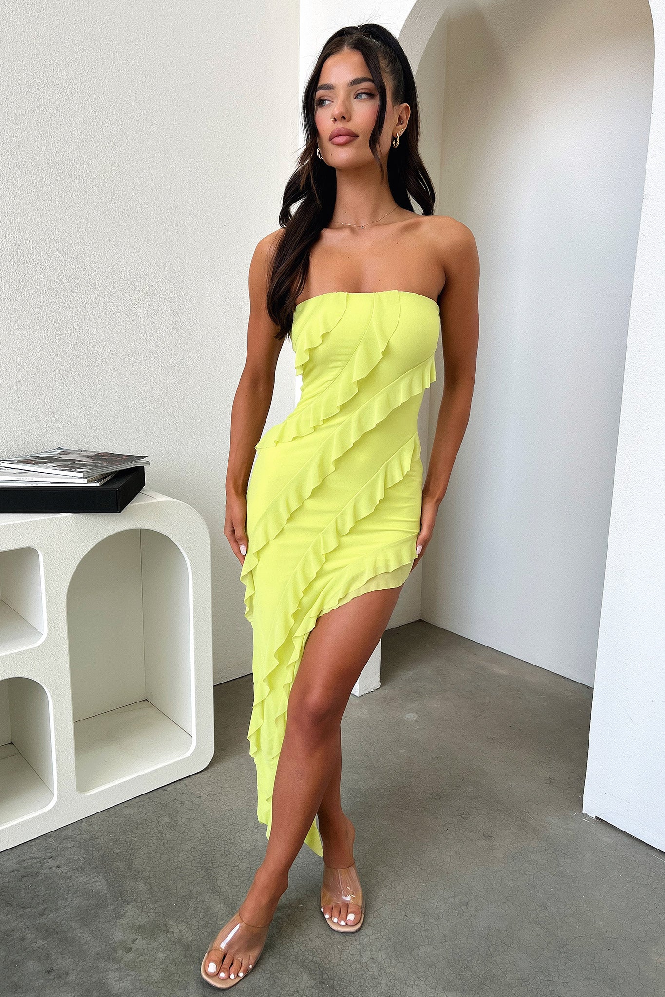 Jadore Strapless Ruffle Midi Dress - Lime - Image 5