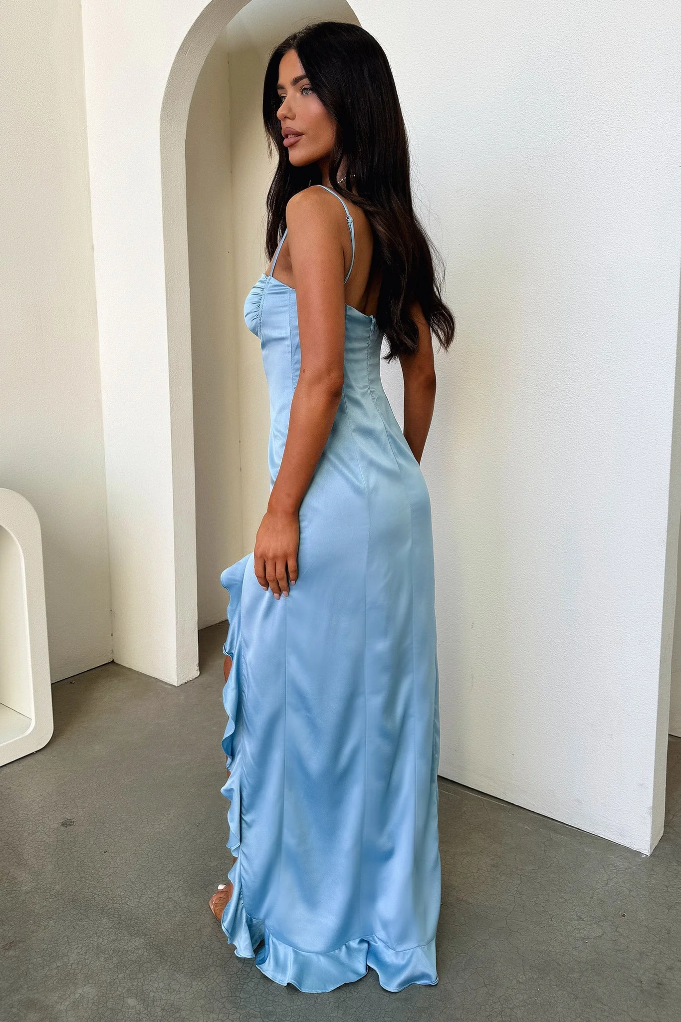 Lauren Ruffle Trim Satin Maxi Dress - Blue - Image 5