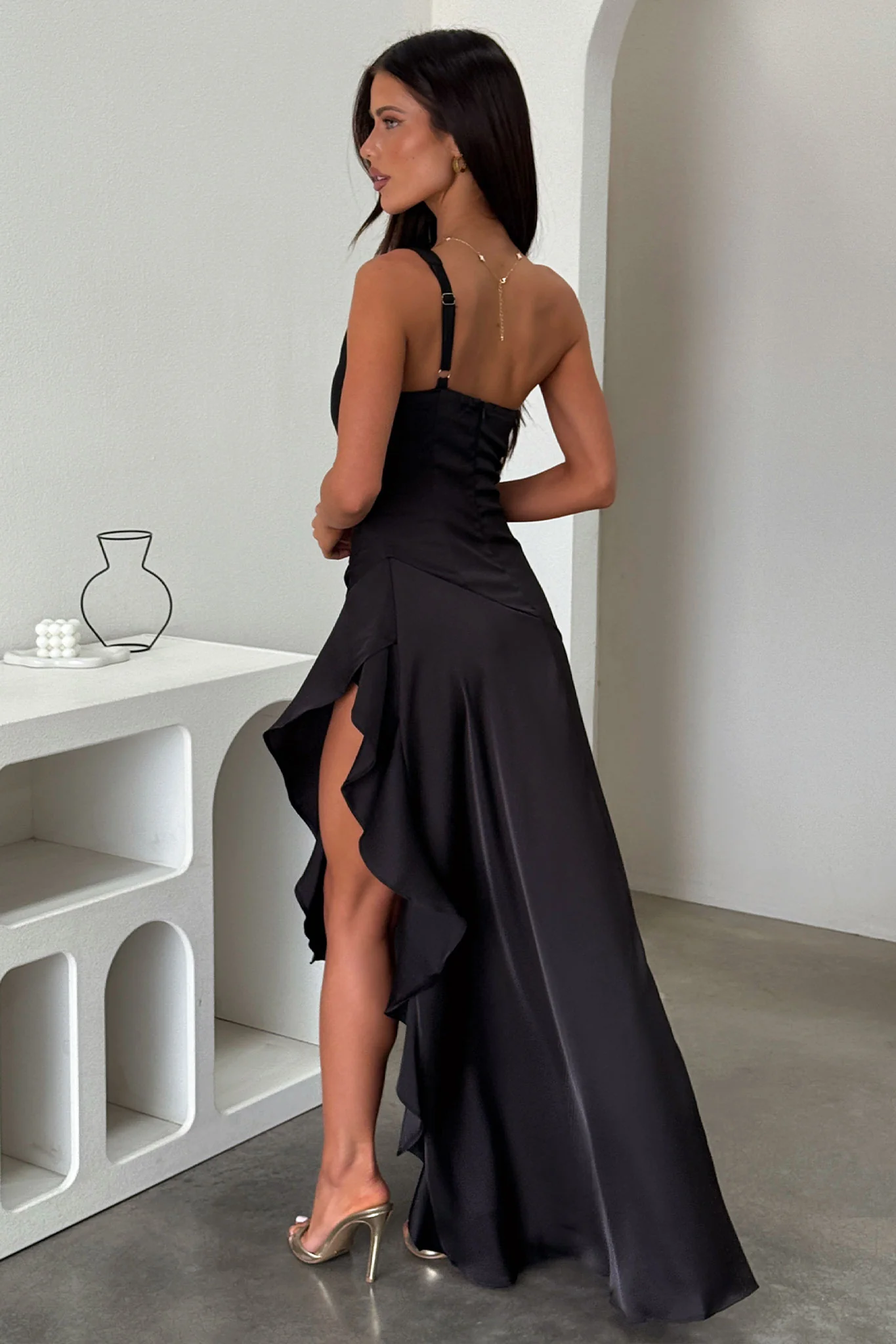 Leni One Shoulder Satin Maxi Dress - Black - Image 4