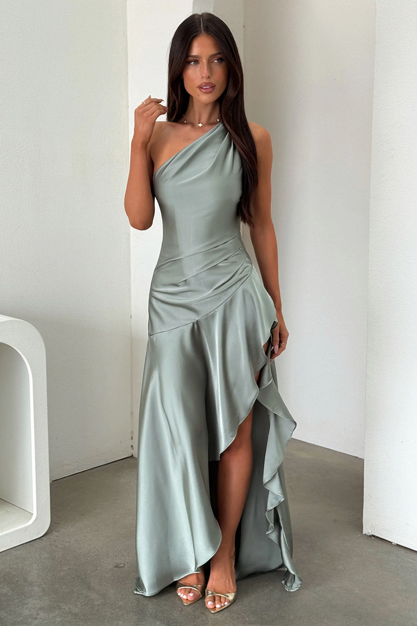 Leni One Shoulder Satin Maxi Dress - Olive - Image 5