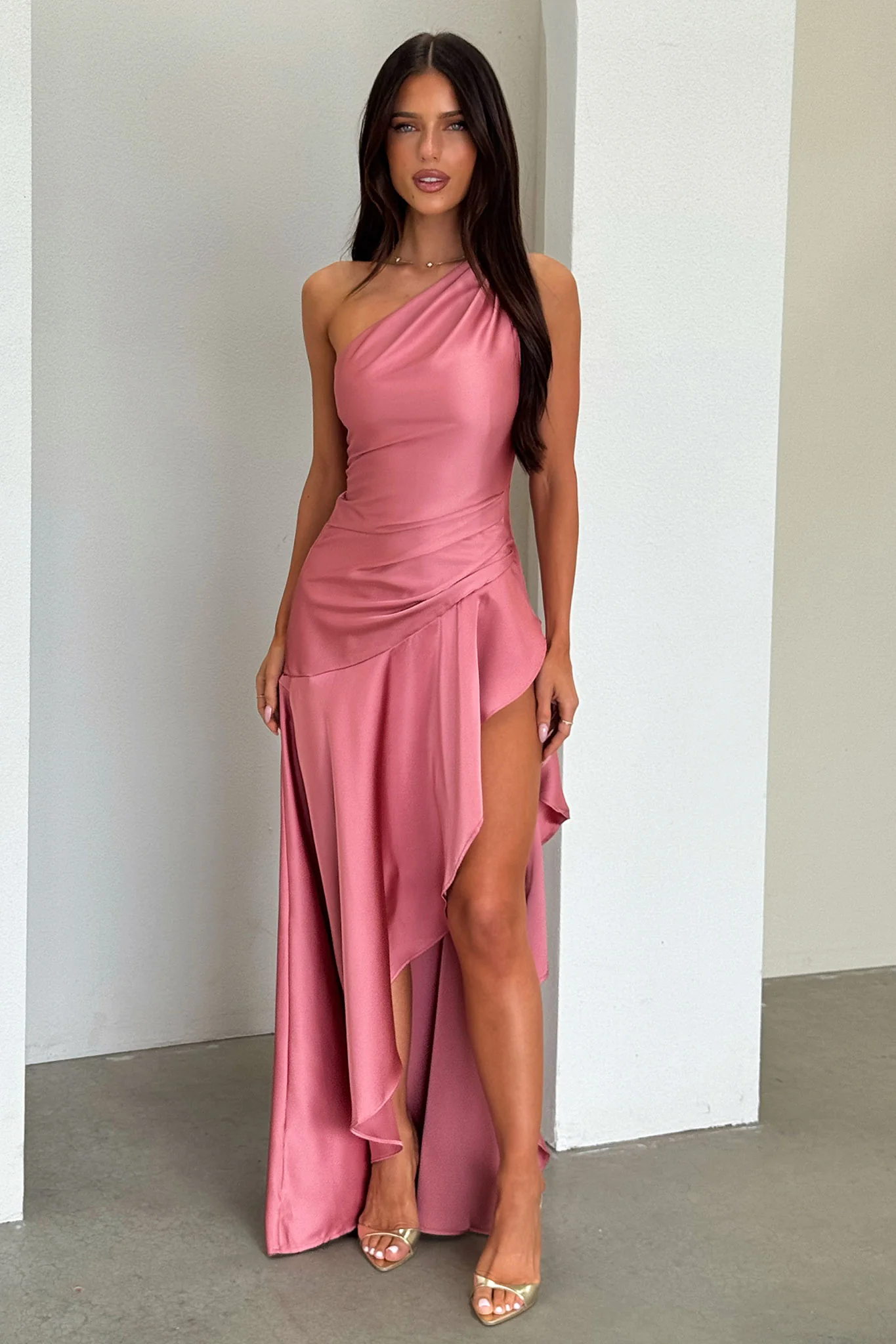 Leni One Shoulder Satin Maxi Dress - Rose - Image 2