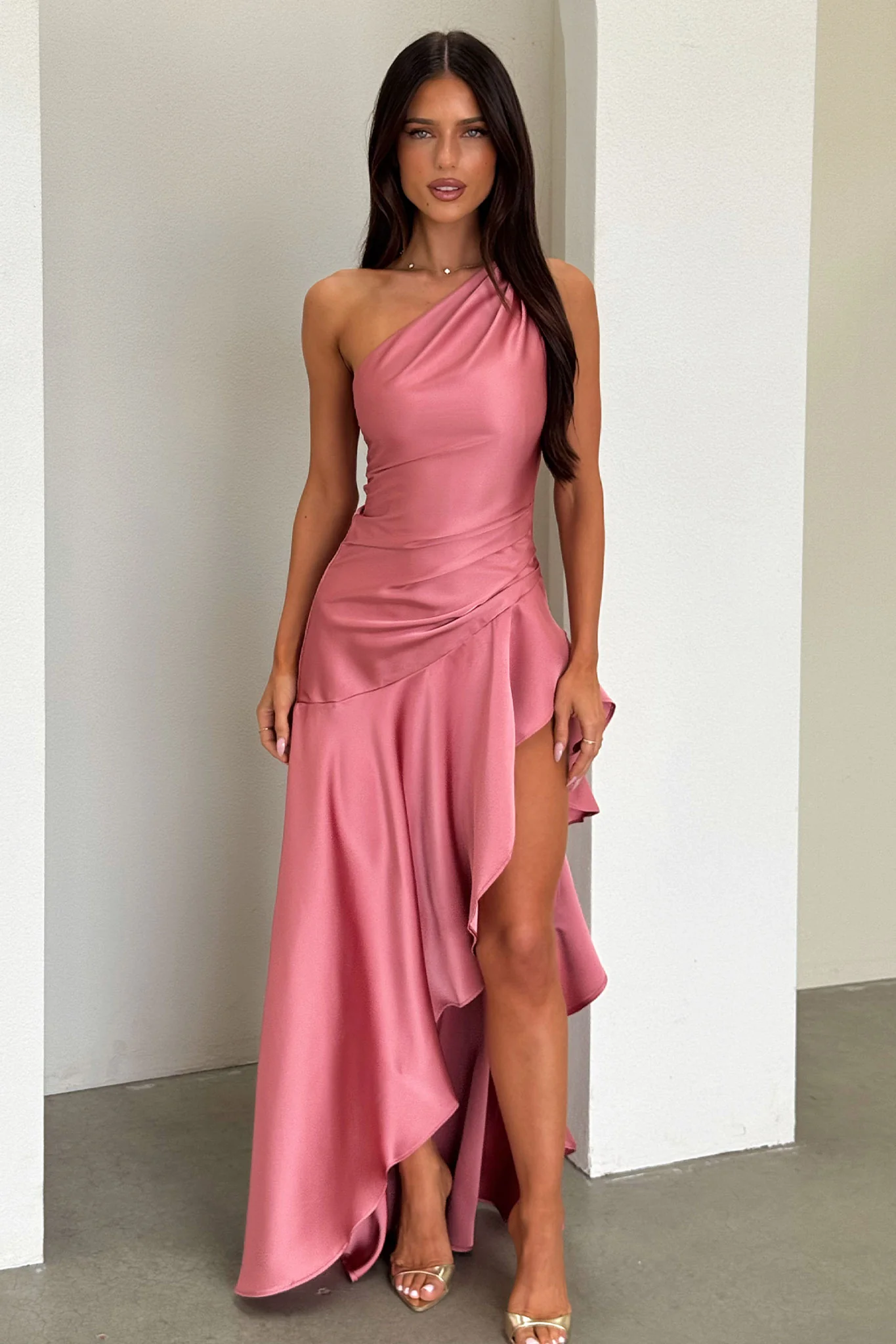 Leni One Shoulder Satin Maxi Dress - Rose - Image 3