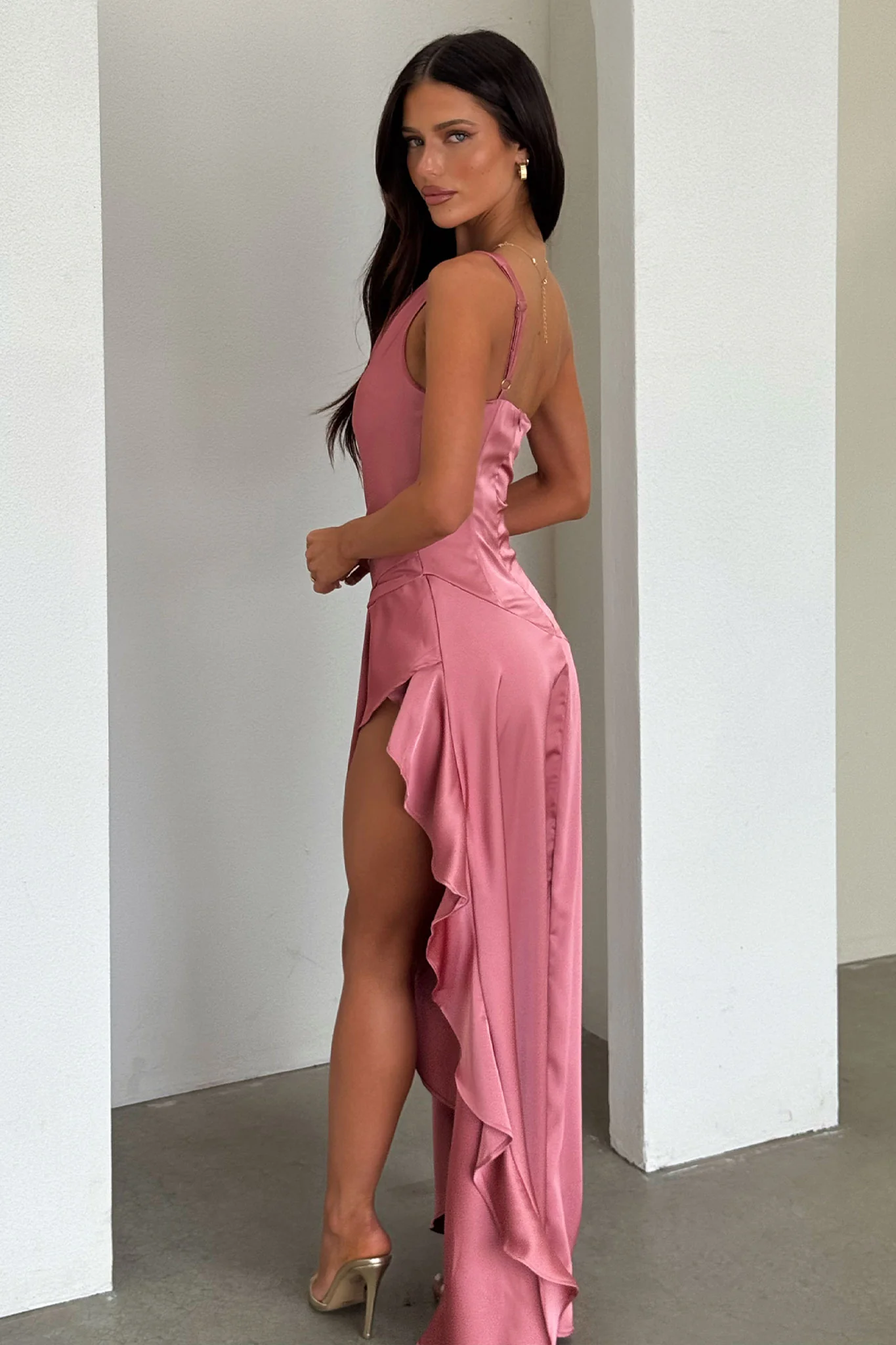 Leni One Shoulder Satin Maxi Dress - Rose - Image 4