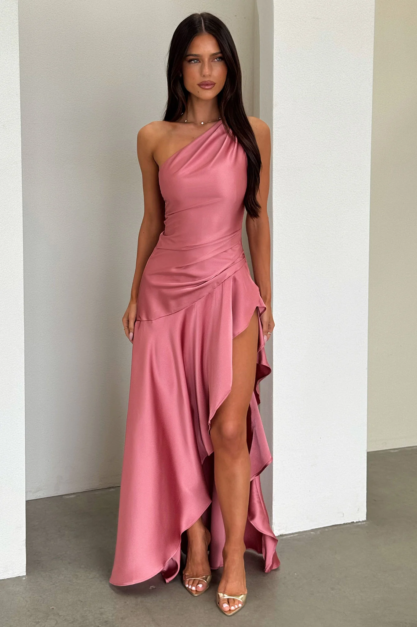Leni One Shoulder Satin Maxi Dress - Rose - Image 5