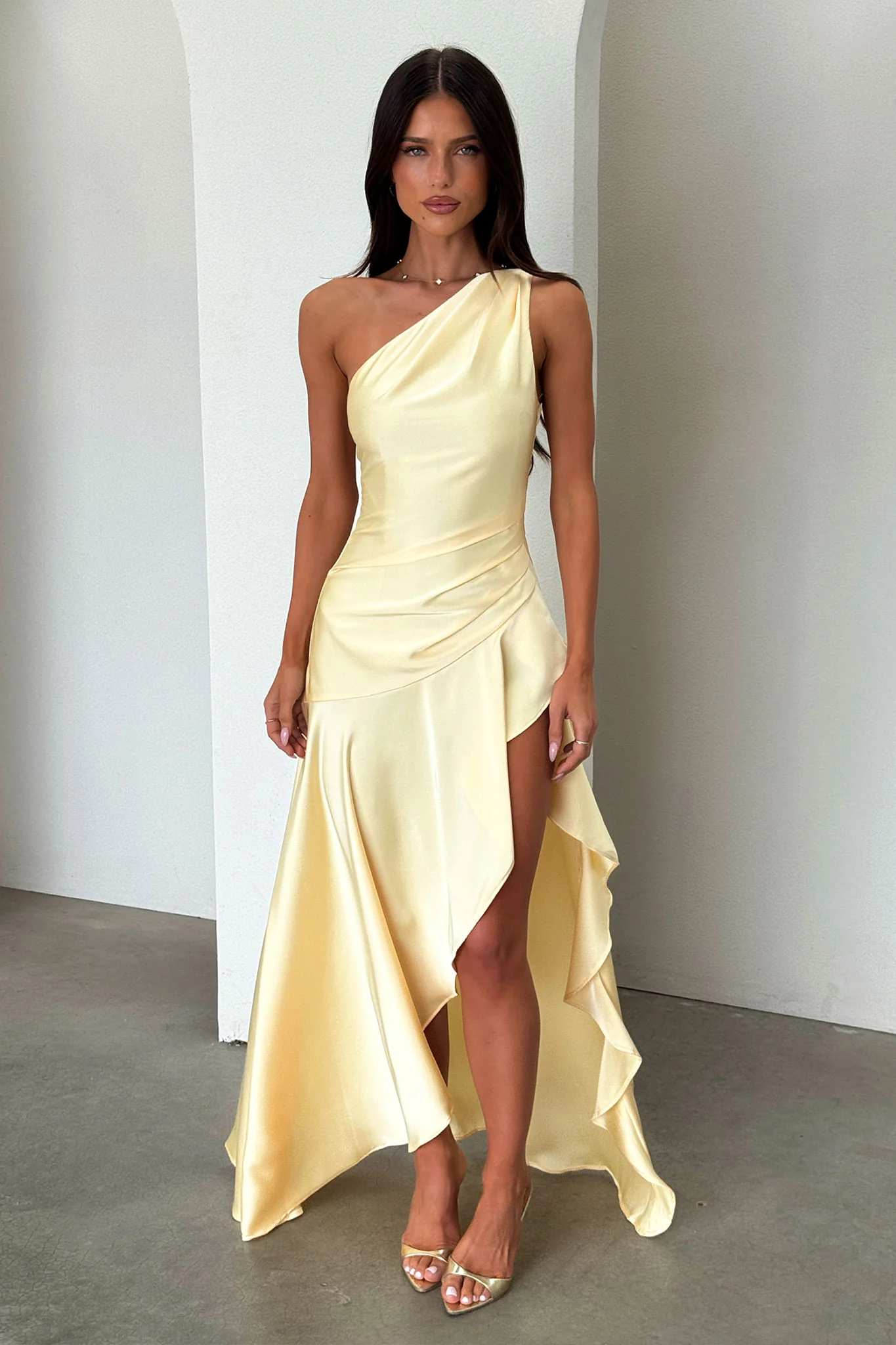 Leni One Shoulder Satin Maxi Dress - Yellow - Image 6
