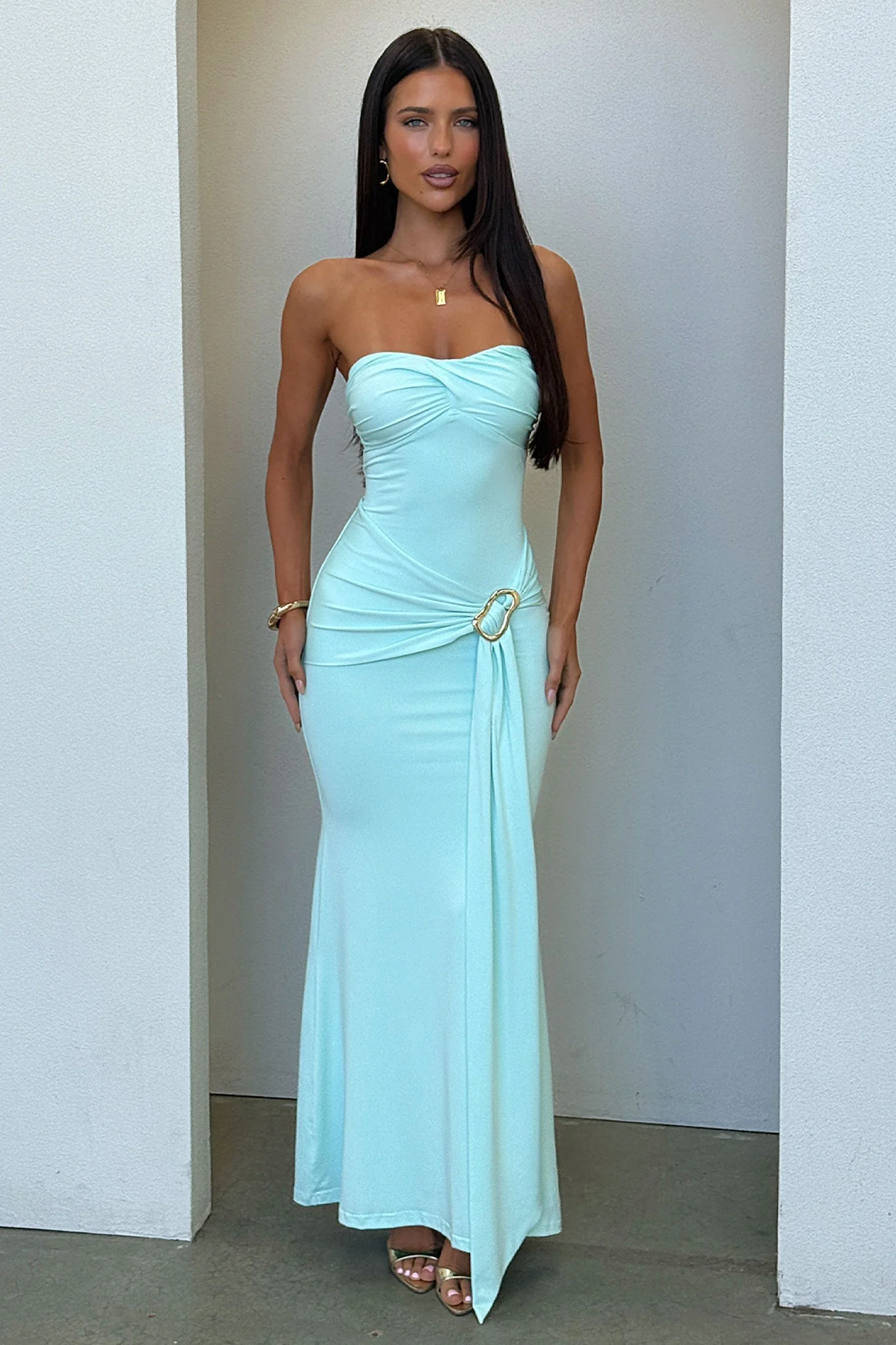 Monique Strapless Wrap Maxi Dress - Aqua - Image 5