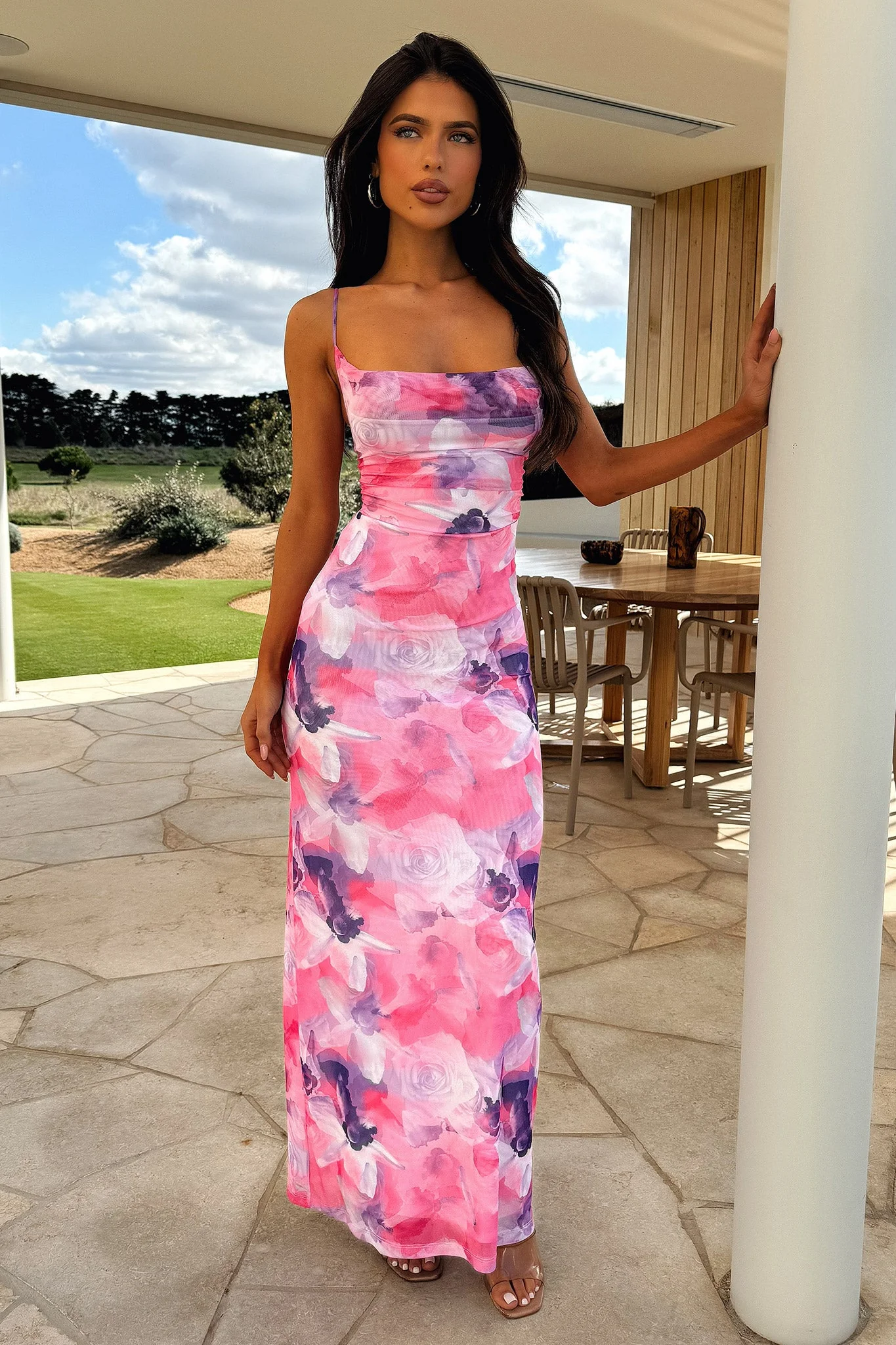 Nadine Lace-Up Back Maxi Dress - Pink Floral - Image 3