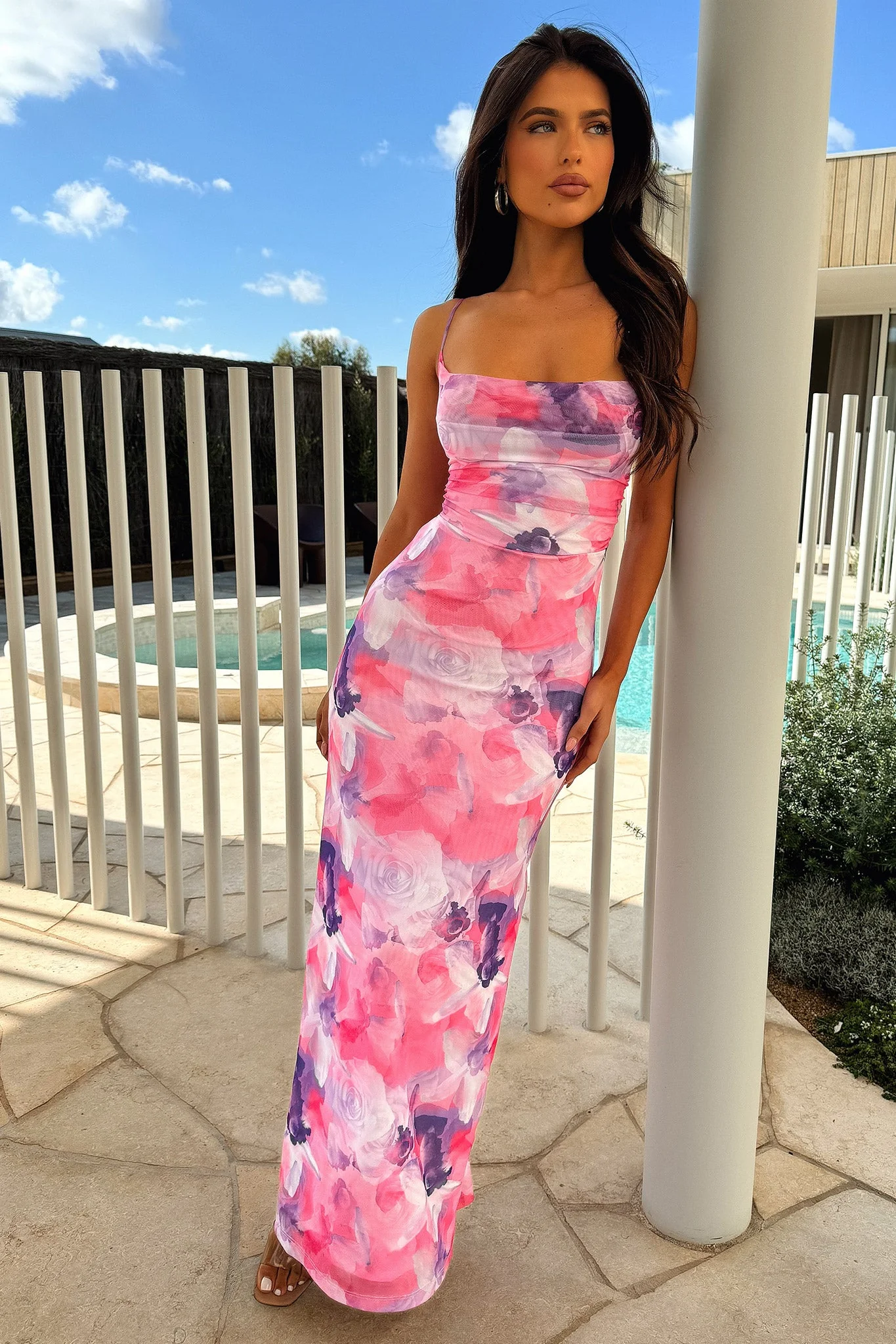 Nadine Lace-Up Back Maxi Dress - Pink Floral - Image 4
