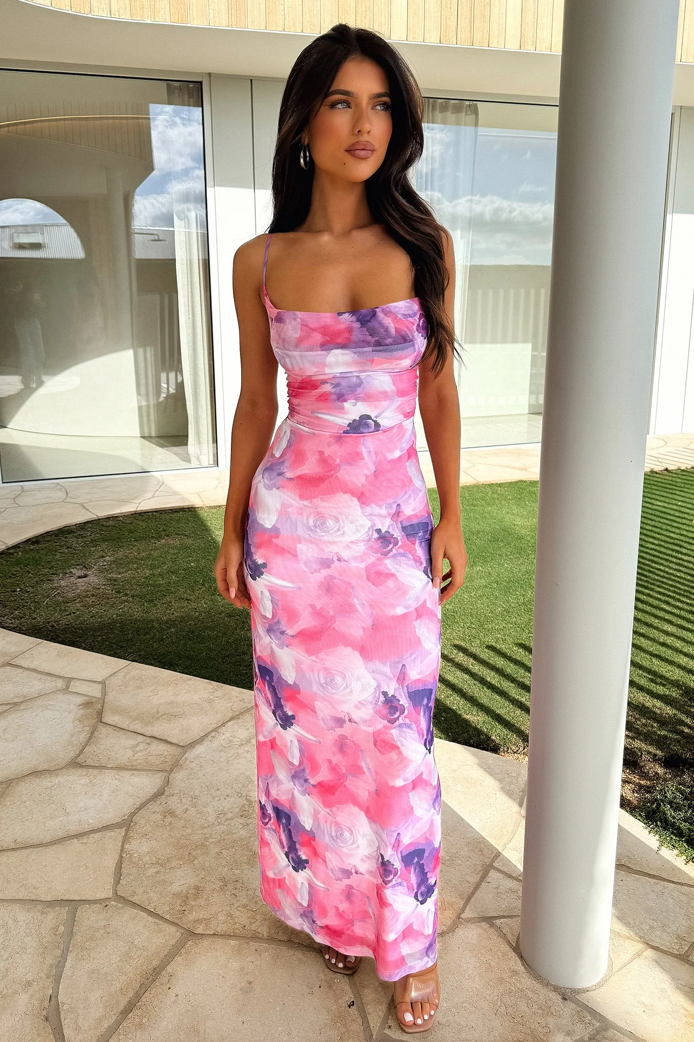 Nadine Lace-Up Back Maxi Dress - Pink Floral - Image 5