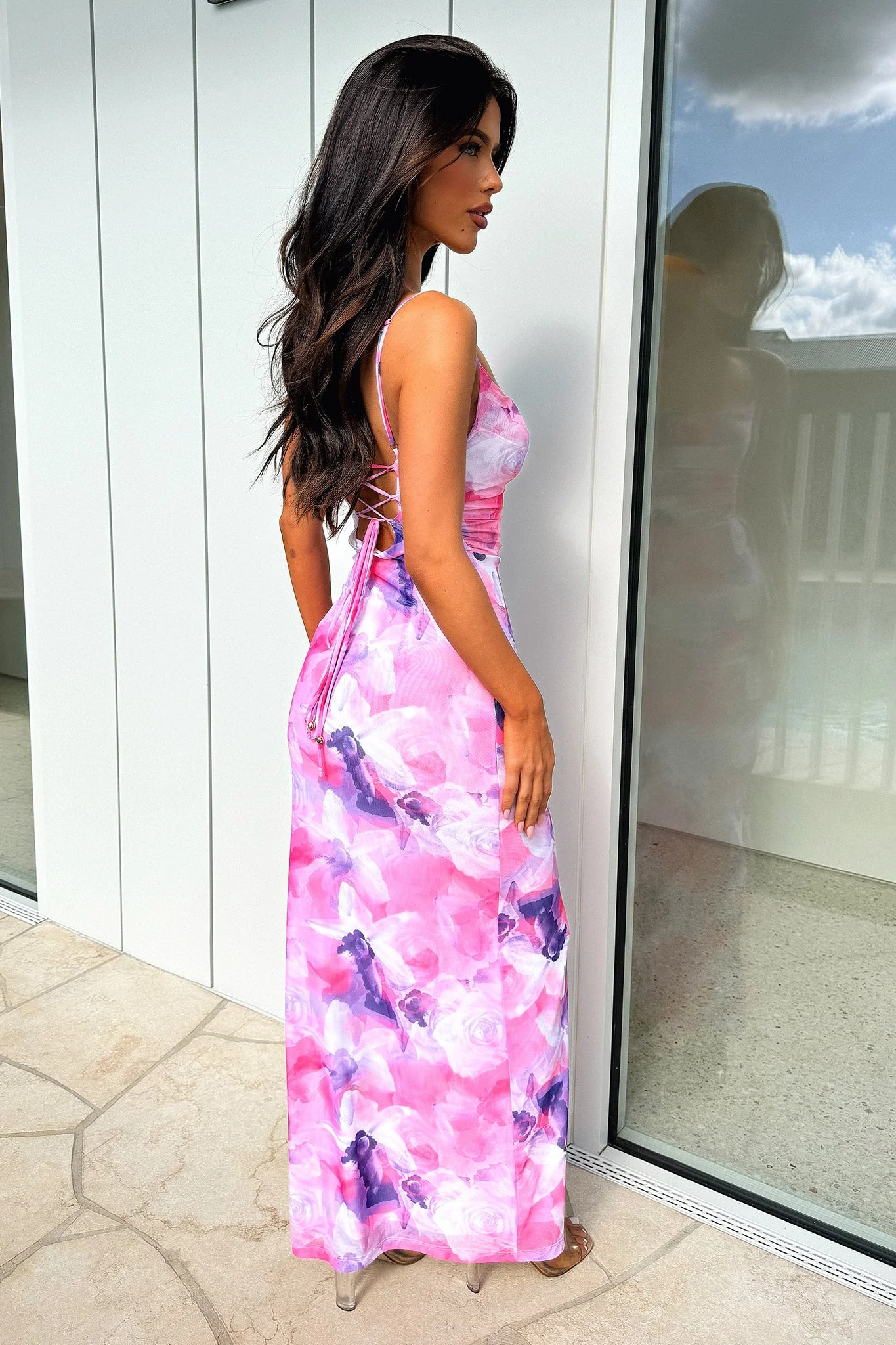 Nadine Lace-Up Back Maxi Dress - Pink Floral - Image 8