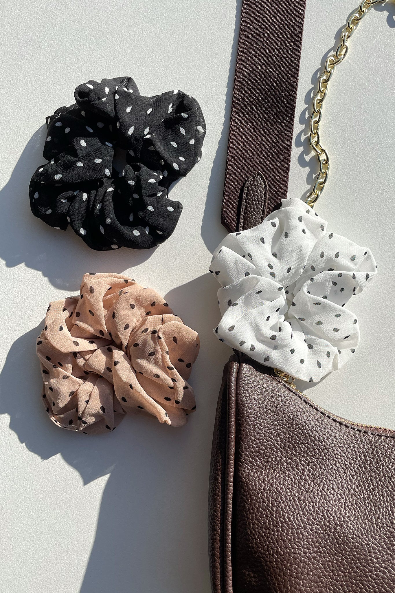 Polka Scrunchies 3 Pack- Black/White/Blush - Image 5