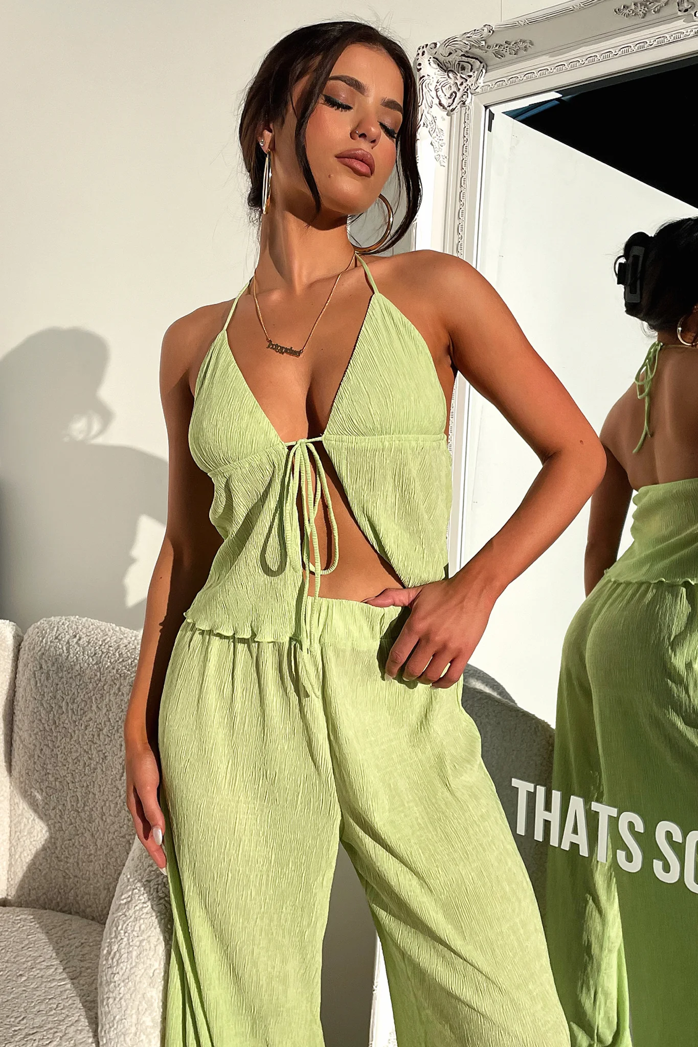 Prisha Wide Leg Plisse Pants - Green - Image 2