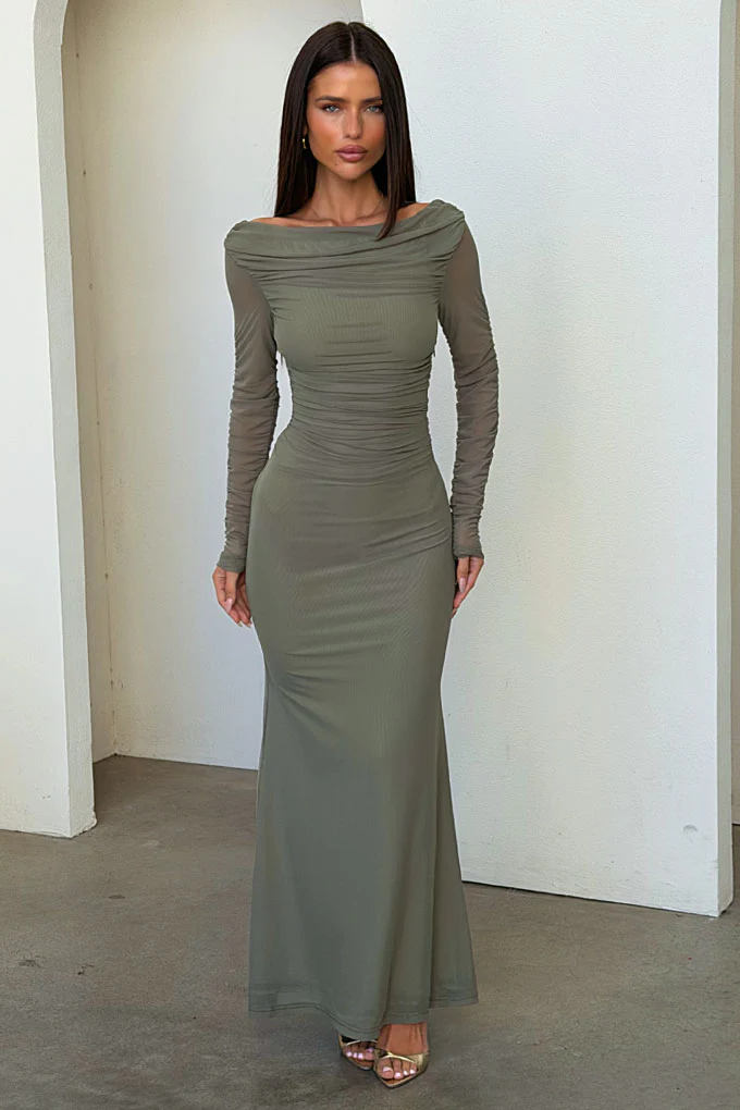 Rowan Long Sleeve Mesh Maxi Dress - Khaki - Image 2