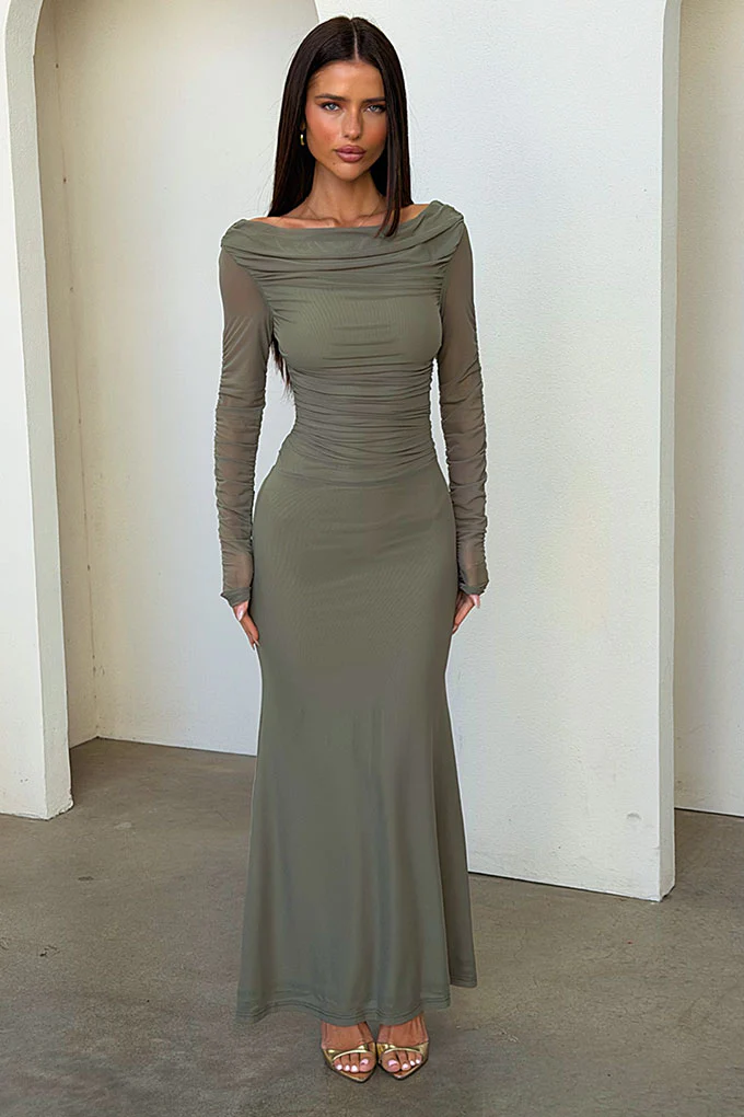 Rowan Long Sleeve Mesh Maxi Dress - Khaki - Image 5