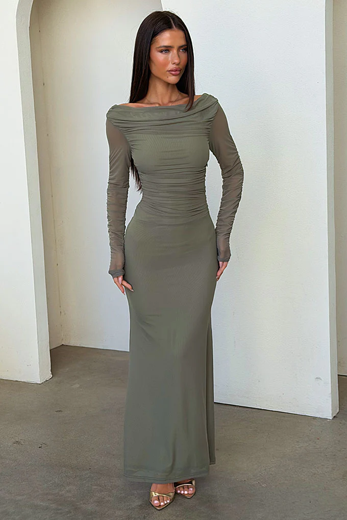Rowan Long Sleeve Mesh Maxi Dress - Khaki - Image 6