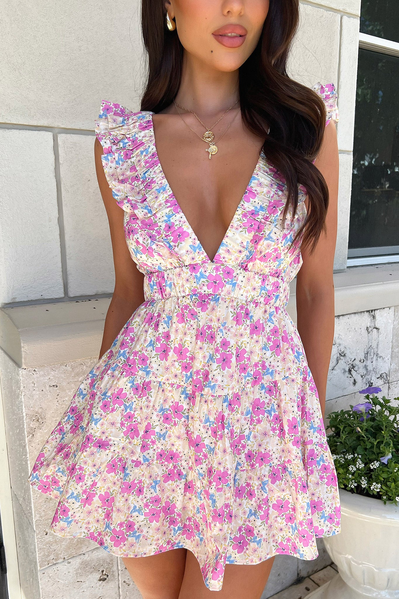 Shaylee Frill V-Neck Mini Dress - Pink Floral - Image 5