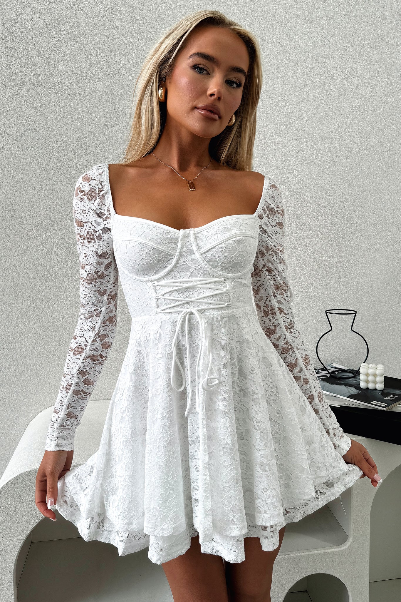 Tate Long Sleeve Lace Dress - White - Image 3