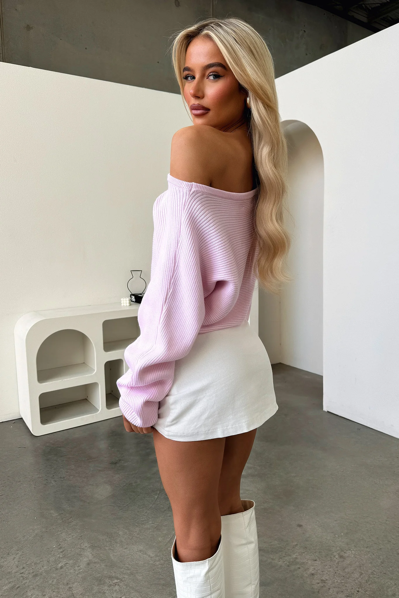 Theadora Off Shoulder Ribbed Knit - Baby Pink - Image 8