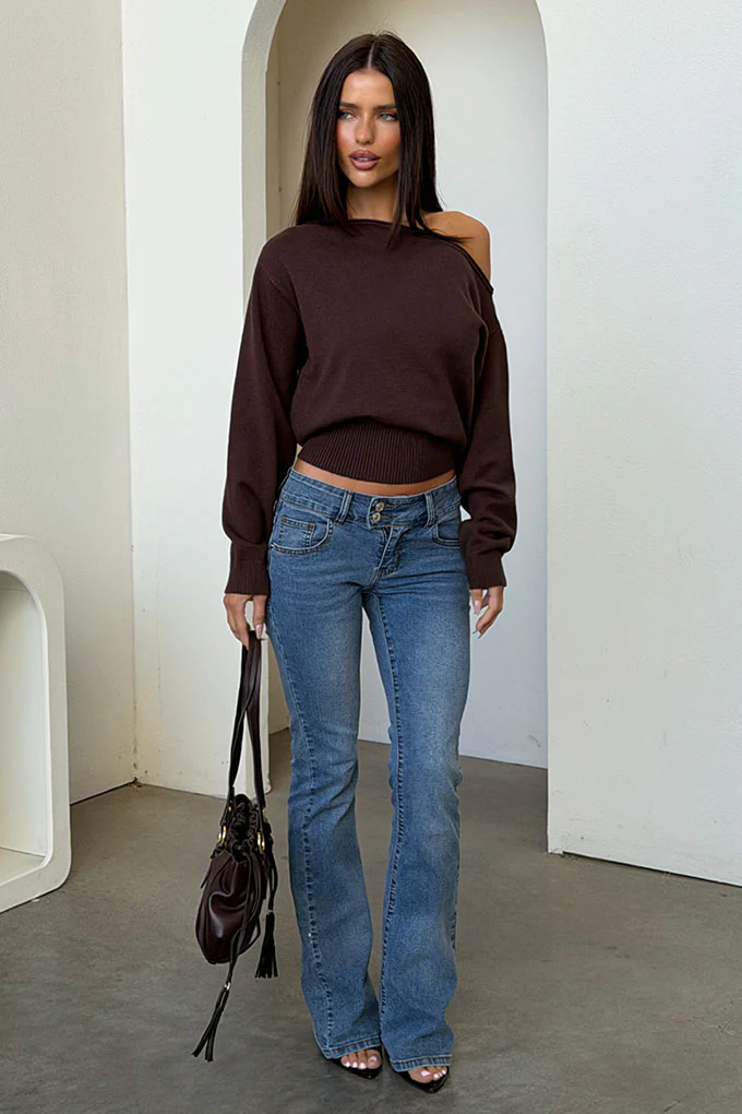 Tovah Off Shoulder Long Sleeve Knit - Brown - Image 2