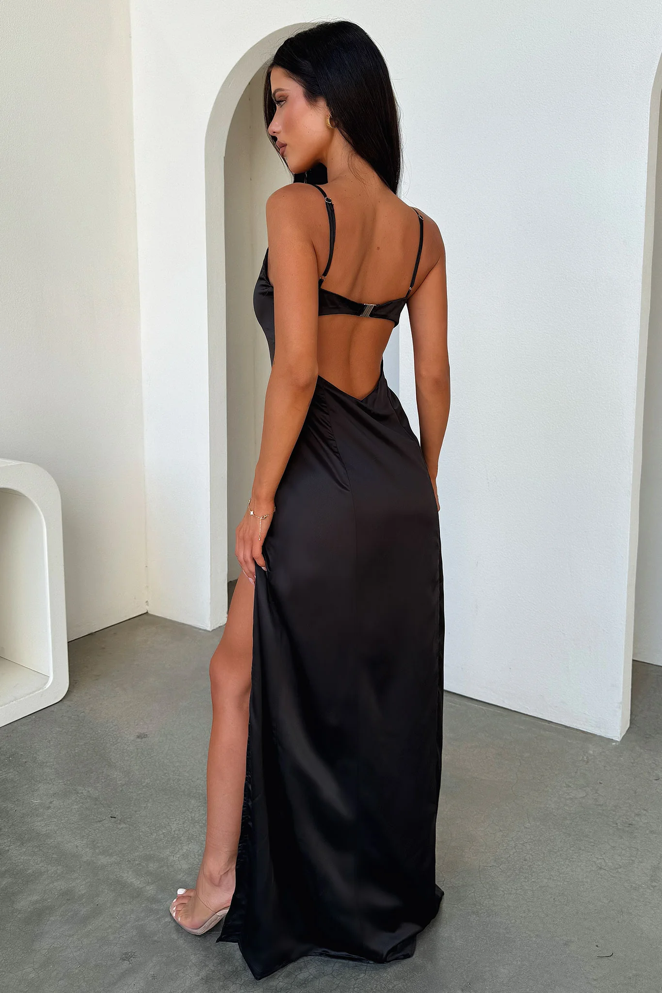 Violetta Scoop Neck Satin Maxi Dress - Black - Image 5
