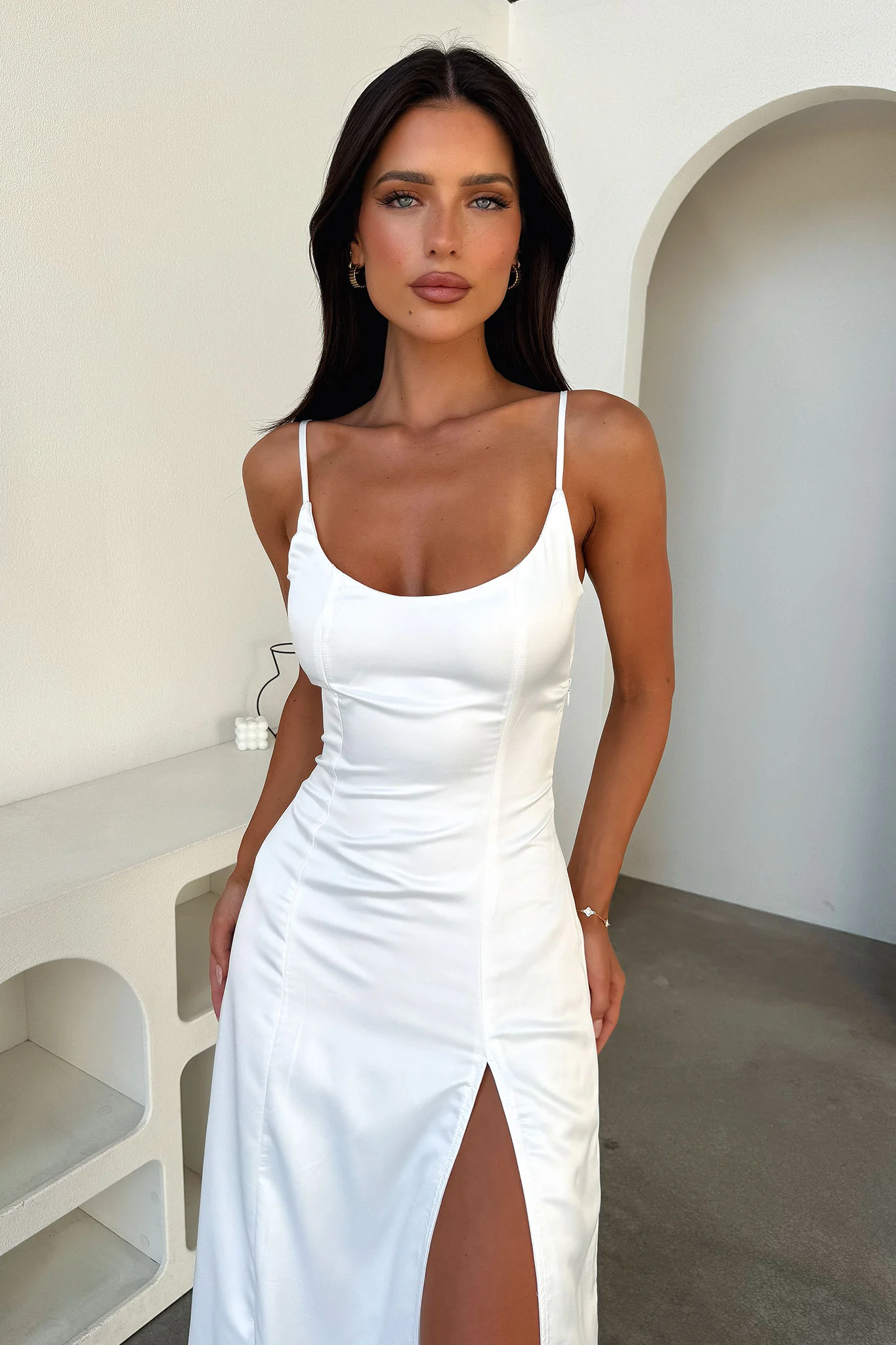 Violetta Scoop Neck Satin Maxi Dress - White - Image 5